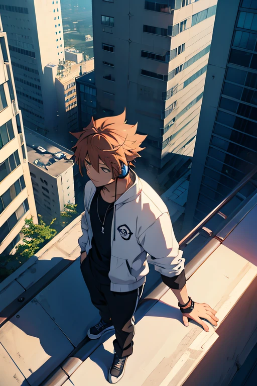 A male anime character listening to music through headphones and watching buildings from the roof of a building