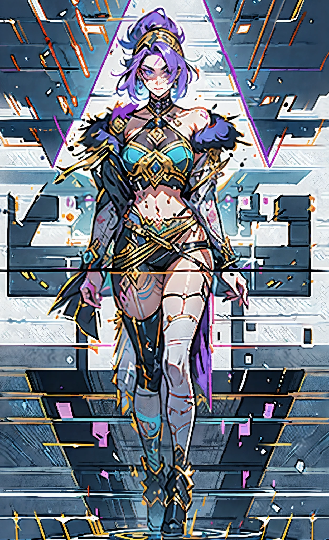 A beautiful woman, short purple hair, long bangs covering her left eye, a headband on her forehead, an exquisite and charming face, a mysterious gaze, a faint smile, draped over her shoulders  a thick fur scarf connected to sleeves made of the same fur, a fantasy-style bikini outfit, showcases her delicate and alluring figure, a fur belt around her waist, the background features a cracked giant stone in the wilderness emitting an eerie glow, this character embodies a finely crafted fantasy-style female villain in anime style, exquisite and mature manga art style, perfect body, perfect nose, goddess, femminine, high definition, best quality, highres, ultra-detailed, ultra-fine painting, extremely delicate, professional, anatomically correct, symmetrical face, extremely detailed eyes and face, high quality eyes, creativity, RAW photo, UHD, 8k, Natural light, cinematic lighting, masterpiece-anatomy-perfect, masterpiece:1.5