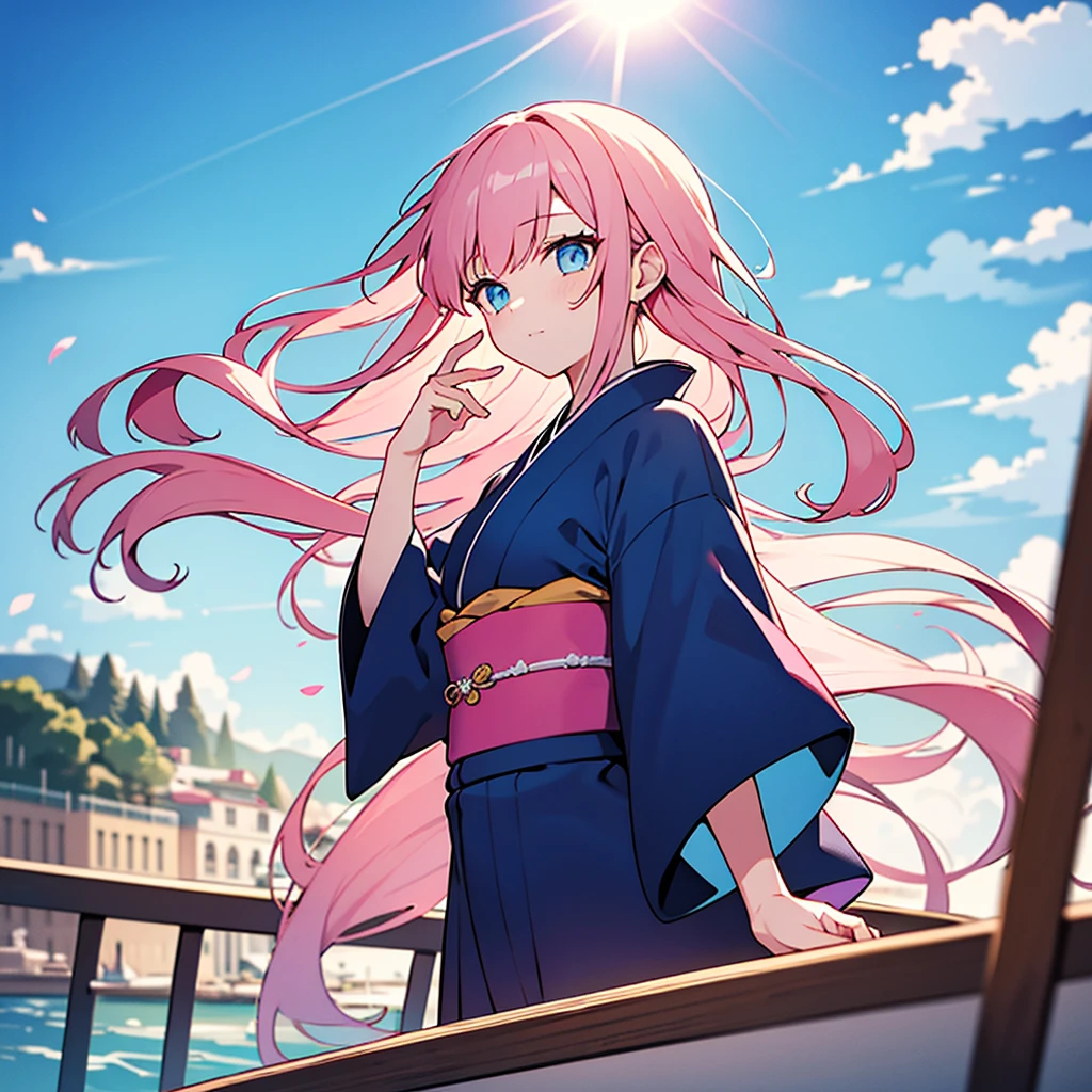 on a boat, 1woman, break pink hair, break blue eyes, blue kimono, long sleeves, medium length hair, high detail, use hand to block the sun