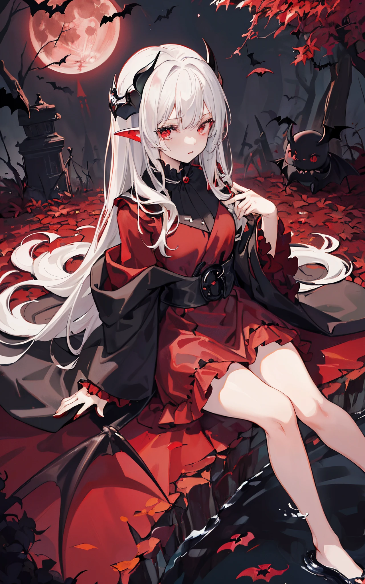 ((tmasterpiece:1.4, Best quality))+, (ultra - detailed)+,(Ultra-detailed eyes)+,
(Cute 1girl),15year old,(Scarlet eyes:1.15),silber hair, Very long hair,messy hair,(wariza:1.2),pale-skinned,shut up,sad,
(She wearing a black and red robe:1.5),(flatchest:1.2),(noble lolita dress:1.4),(bright red clothes:1.2),(Surrounded by bats:1.4),
(be desperate:1.3),Gothic,
(Fukado:1.3),leafs,(Vine tree:1.1),
(bloody moon:1.2),red colour,
(Heavy monochrome:1.16),(depth of fields:1.4),