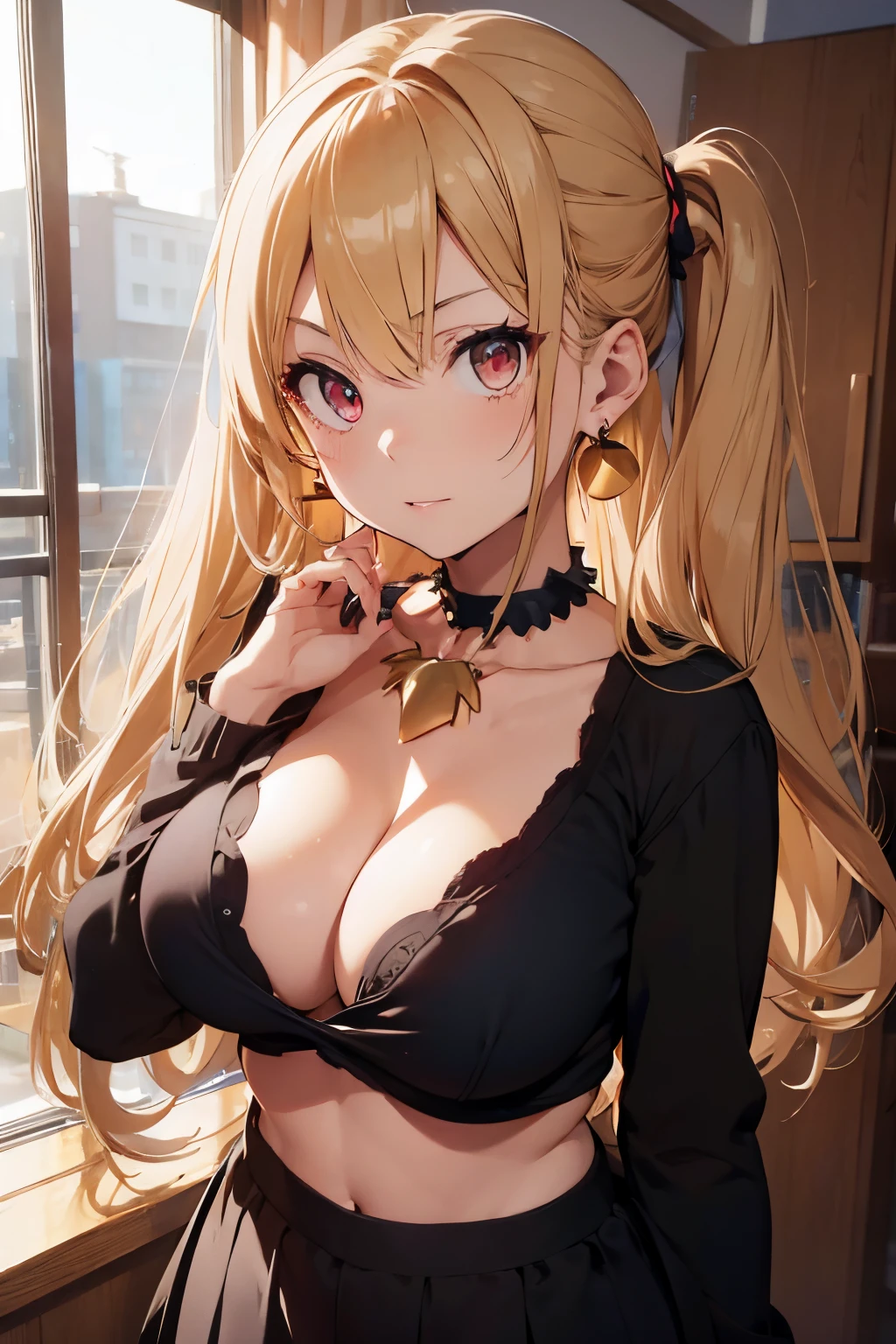 blonde hair, red eyes, short hair, choker, navel, cleavage, thighs, pelvic curtain, (realistic:0.5), breasts, perfect breasts, large breasts,(ultra-detailed)), ((illustration)), ((disheveled hair)), (beautiful detailed eyeeautiful, amazing, detailed eyes, perfect fingerasterpiece))), (realistic:0.5), best quality, female, seductive anime girl, breasts and nsfw, beautiful alluring anime woman, beautiful alluring anime , (anime girl), with a large breasts, [ 4 k digital art ]!!, attractive anime girl, beautiful anime girl, , anime girl, anime girls, kantai collection style, masterpiece, nsfw, best quality, masterpiece, best quality,official art,extremely detailed GC unity 8k wallpaper, hair slicked back, earrings, necklace, looking at viewer, bokeh background,body facing camera, extremely detailed body, full body detailed,(masterpiece), best quality, expressive eyes, perfect face,