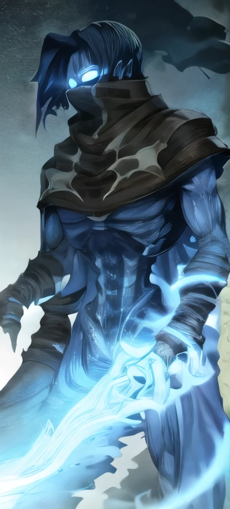 close-up of a man with a knife on a dark background, raziel irl, Protoss!!!!, Protoss!!, blue glowing eyes, reaper of night!!!!, Protoss, Glowing blue face, nocturne from league of legends, dark hooded wraith, profile picture 1024px, Figure in a dark cloak, Dark, masked
