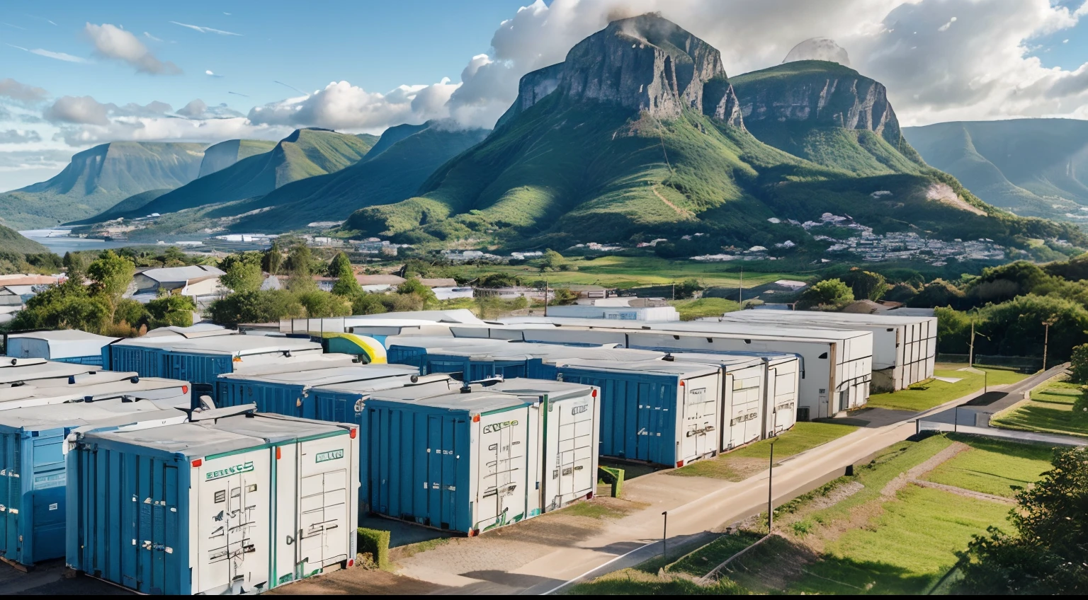 In Europe country, there are hundreds of BESS (white colour containerised Battery energy storage systems) connected to the national grid. The scenery beautiful with the greener mountain background.