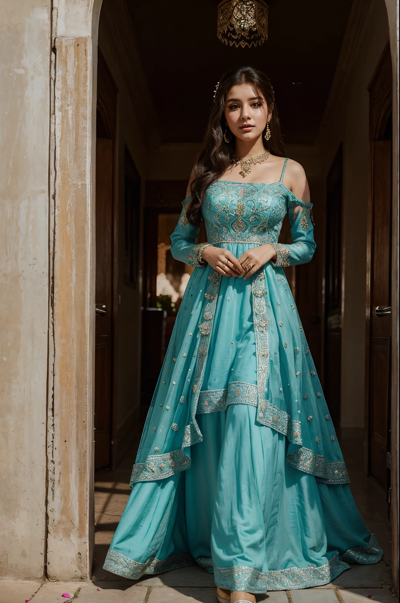 Describe an enchanting scene featuring Nancy from MOMOLAND adorned in a stunning Pakistani wedding style dress. Capture the intricate details of the dress, the vibrant colors, and the cultural richness it brings to her appearance. Consider the setting, ambiance, and any additional elements that enhance the visual beauty of this cross-cultural fusion.