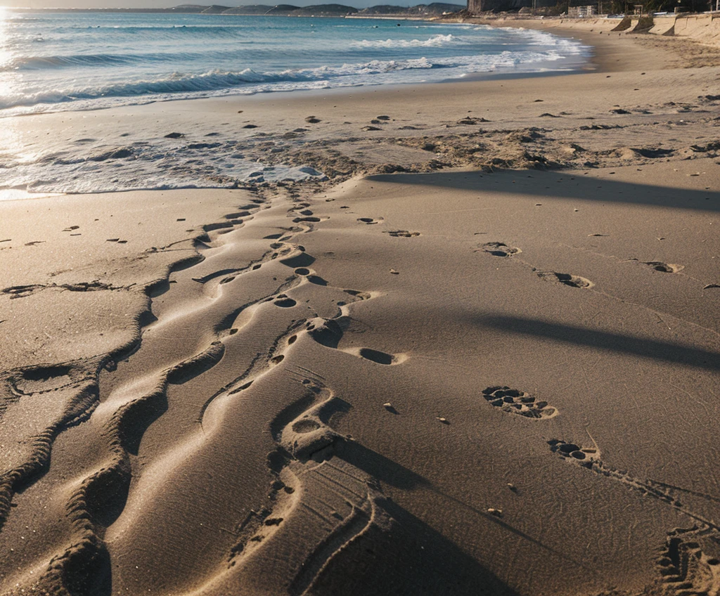 Beautiful realistic landscape, Beach, footprints in the sand, sunny afternoon, Palma, ocean