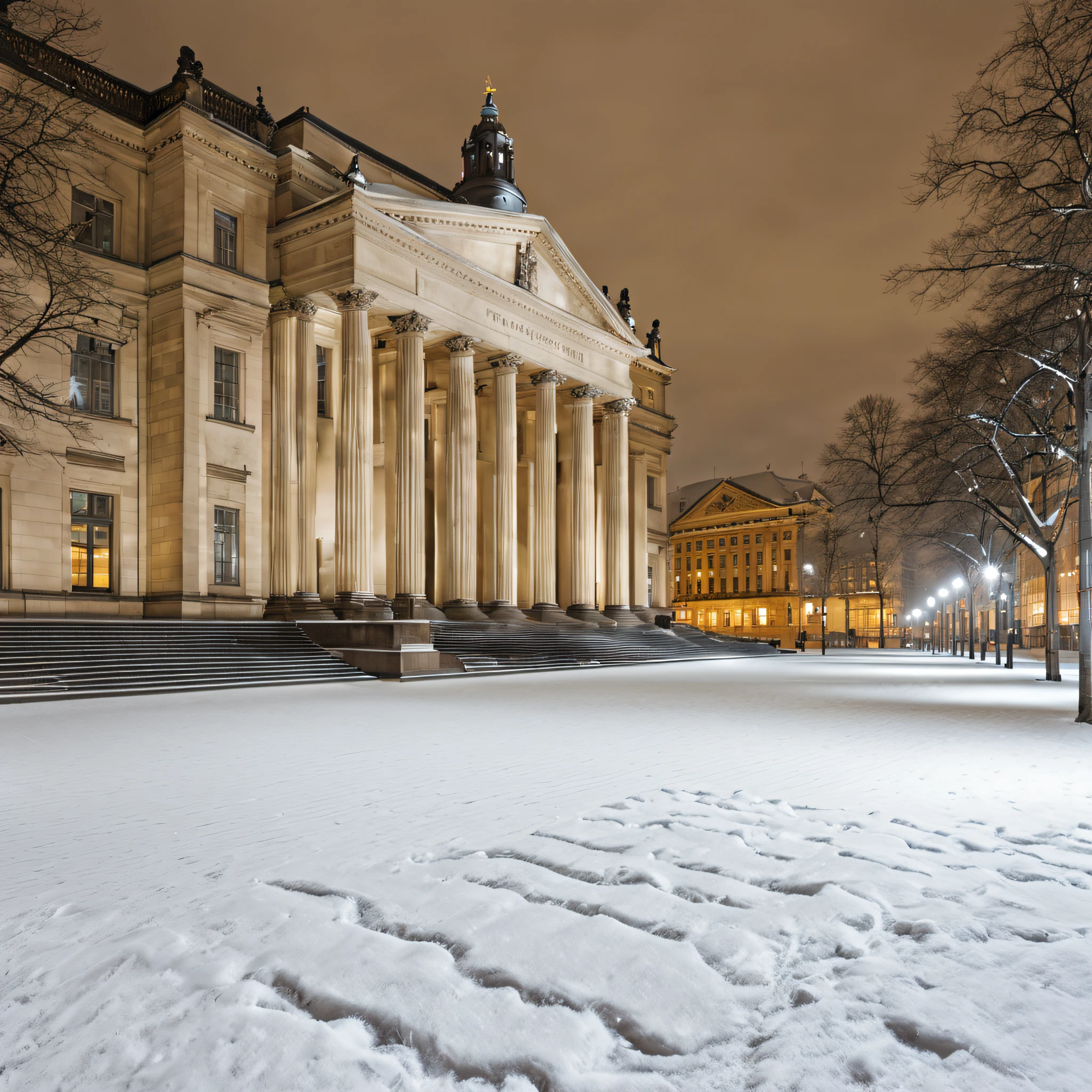 Gendarmenmarkt square at night, A little snow, Deserted, view from the sidewalk, Realistic, photo