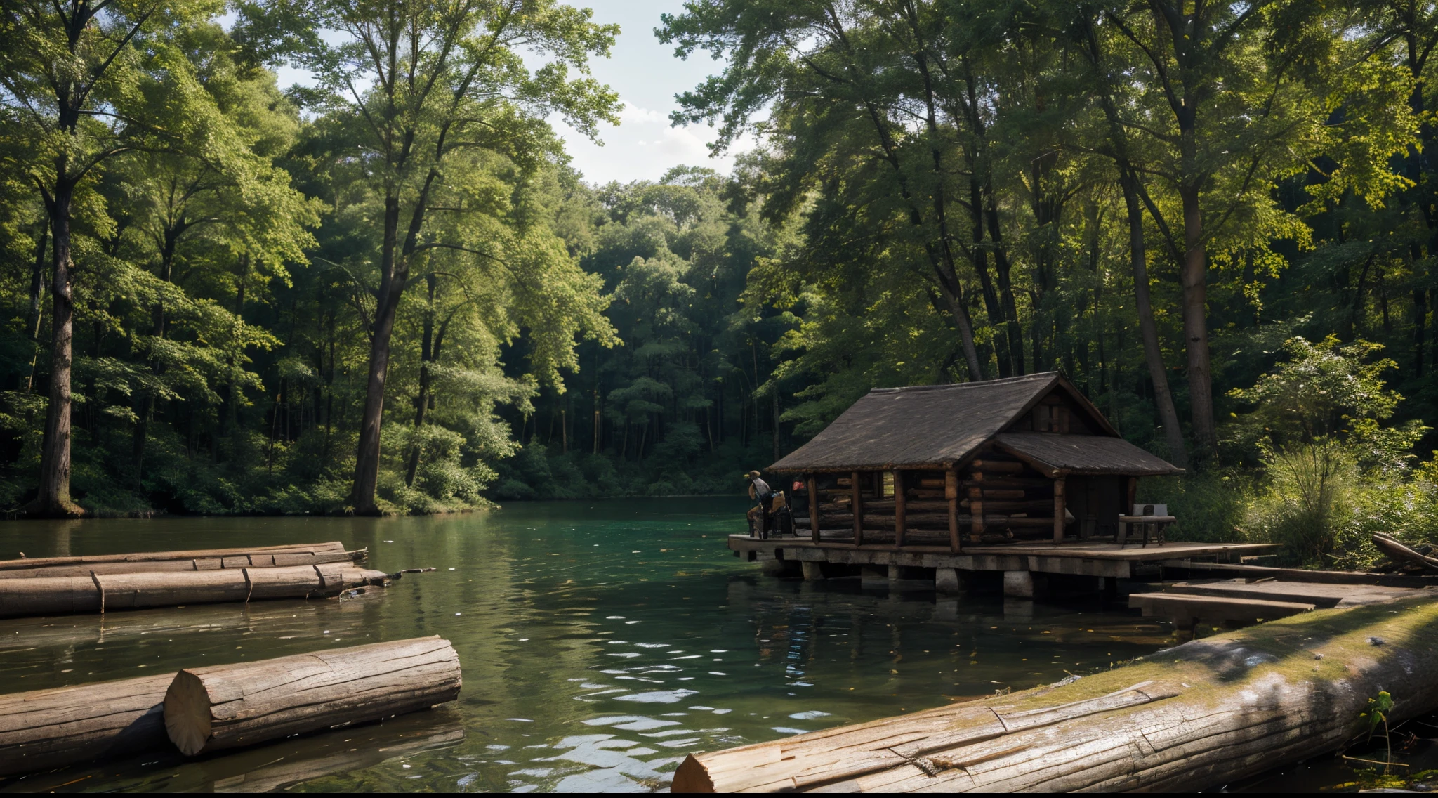 Fantasy,forest, lake with logs and turtles