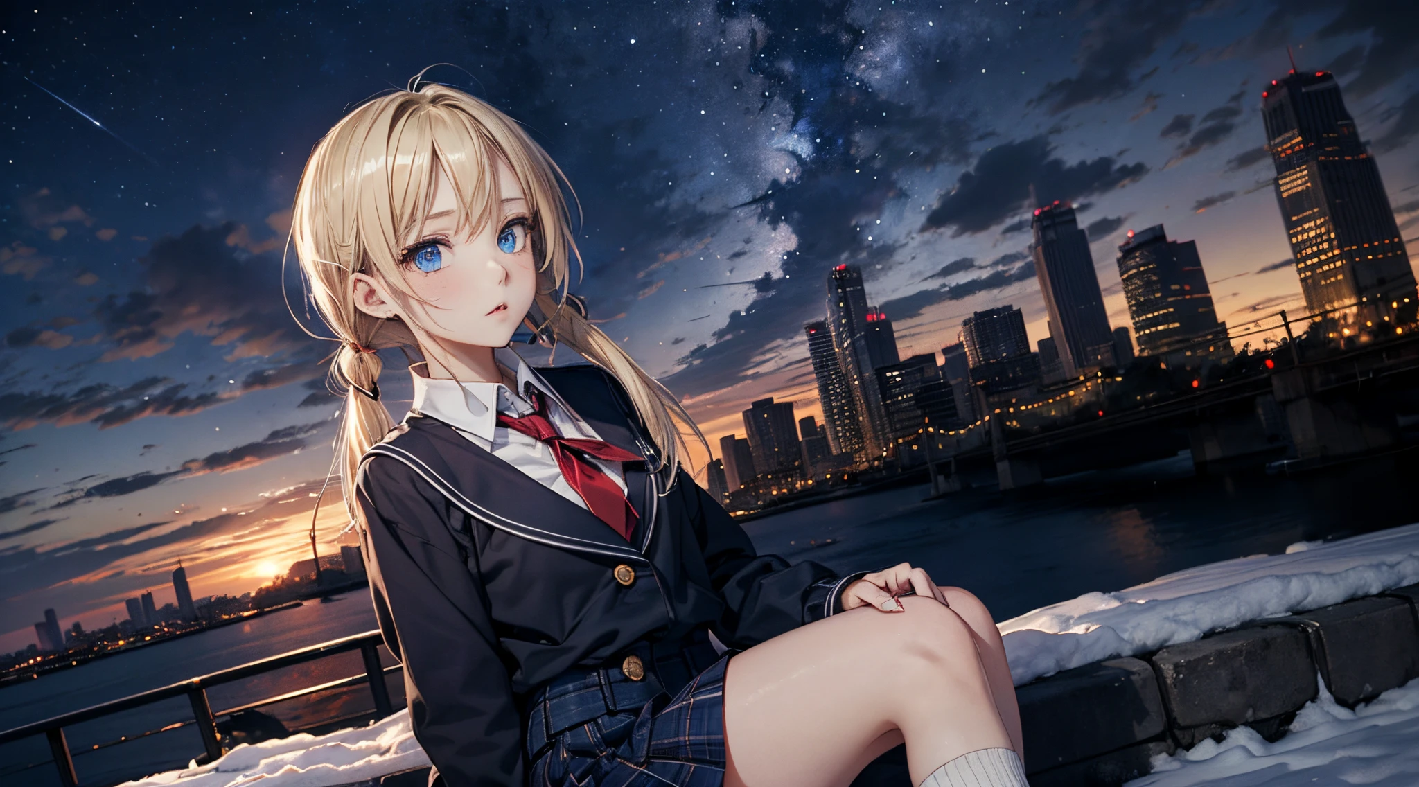 masutepiece,8K,octans, Skysky, stele(Skysky), landscapes, starrysky, natta, 1girl in, looks at the camera, piercing gaze, nigh sky, report, plein air, built, ​​clouds, milkyway, sitting on, 城市, silhuette, Cityscape,(Short, Low twin-tailed blonde hair:1.2), (Deep Blue Eyes:1.3), piercing gaze, (winter school uniform:1.1)