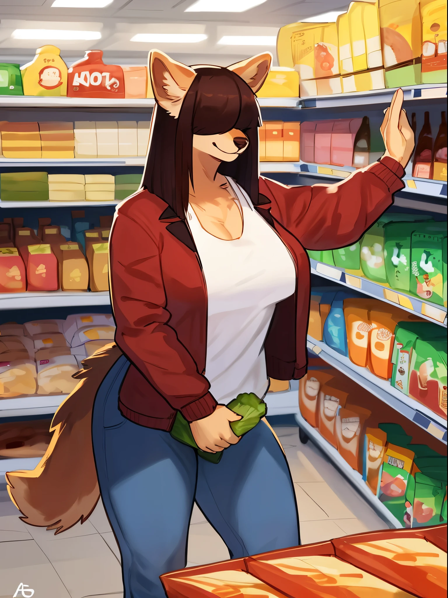 By bebebebebe, by lostgoose, by goonie-san, futa, ((canine, snout, hair covering eyes, straight hair, medium hair, flat hair, ears, thin snout)), brown fur, big poofy tail, raised tail, dark maroon hair, muscular, big breasts, smiling, solo, looking at shelves, grocery store aisle, shelves of products, food packages, grocery store, red puffer jacket, jeans, standing, reaching up to grab something, (looking up)