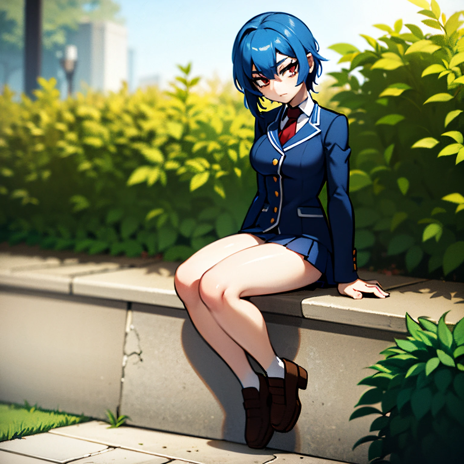 girl with blue hair, green locks, red eyes, short hair, student uniform, in a garden, school in the background of the scene, detailed location, easy positive, masterpiece, 4k, good anatomy,