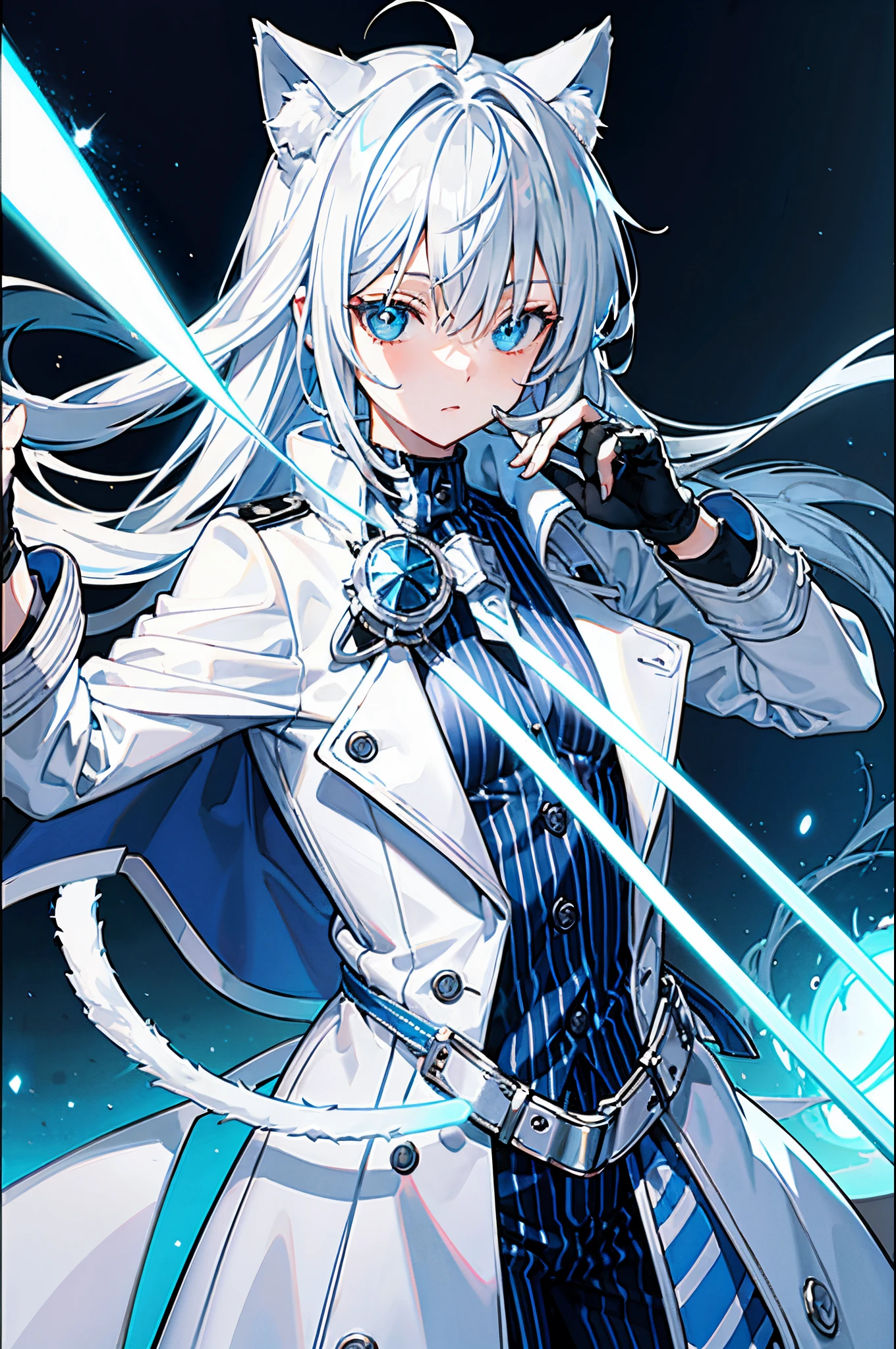 Fluffy silver blue hair，White striped trench coat，Eye glaslack fingerless gloves，the only person，through bangs，glow blue eyes，half-close eyes，cat ear，vellus hair