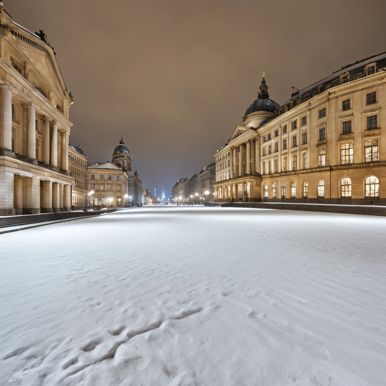 Gendarmenmarkt square at night, A little snow, Deserted, view from the sidewalk, Realistic, photo