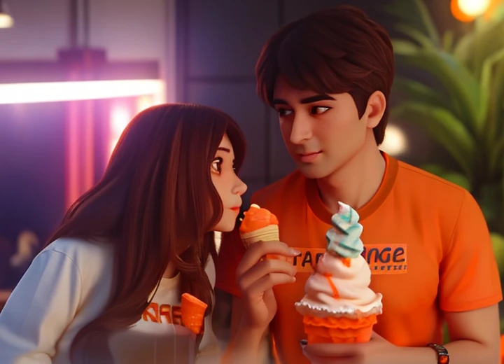 Highly detailed, best quality from the attached picture * ( the man wearing orange T-shirt) ( fix the eyes) ( the girl is holding two ice cream cones) ( the boy hold one ice-cream cone only)