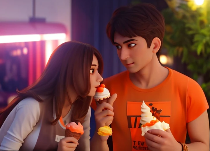 Highly detailed, best quality from the attached picture * ( the man wearing orange T-shirt) ( fix the eyes) ( the girl is holding two ice cream cones) ( the boy hold one ice-cream cone only)