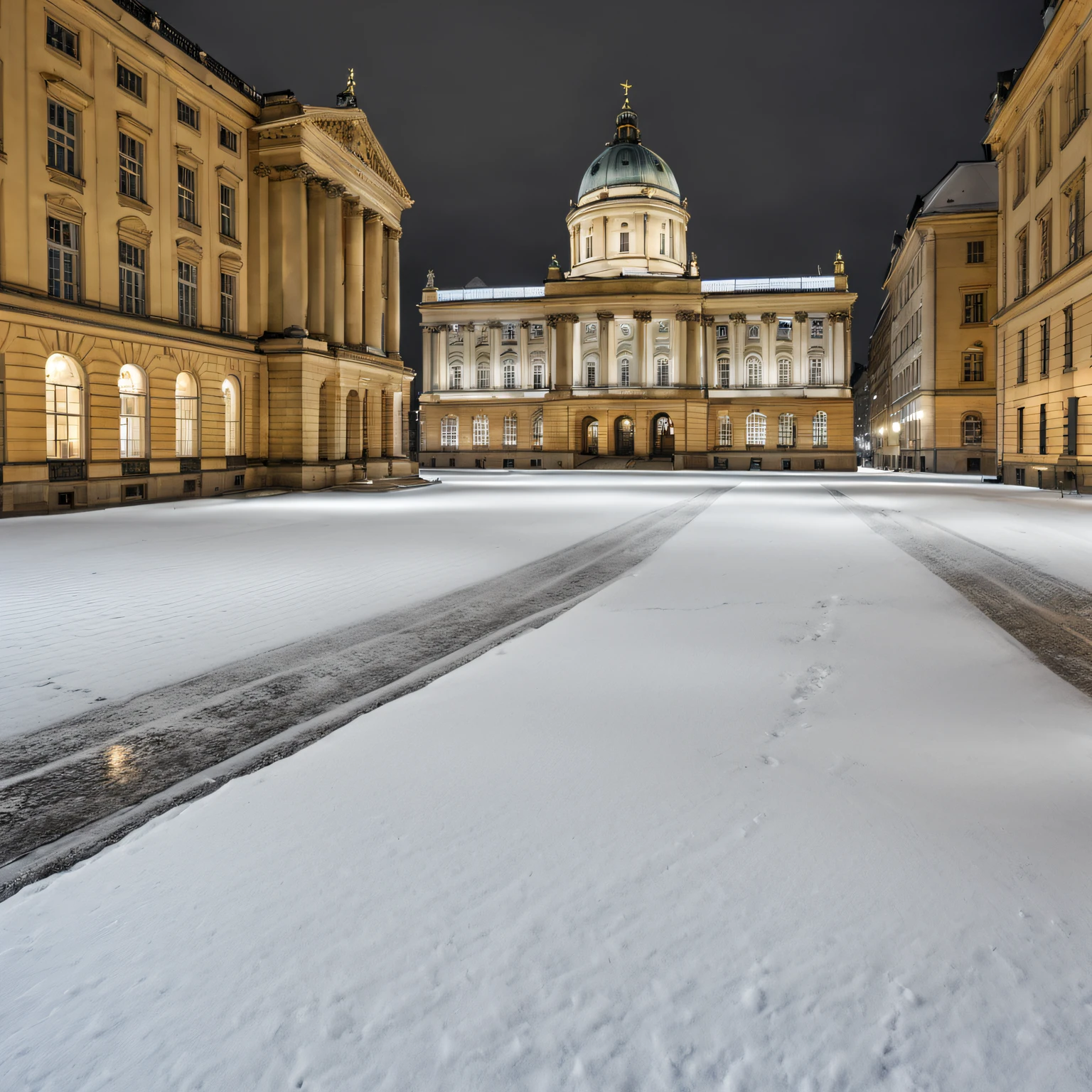 Gendarmenmarkt square at night, A little snow, Deserted, view from the sidewalk, Realistic, photo