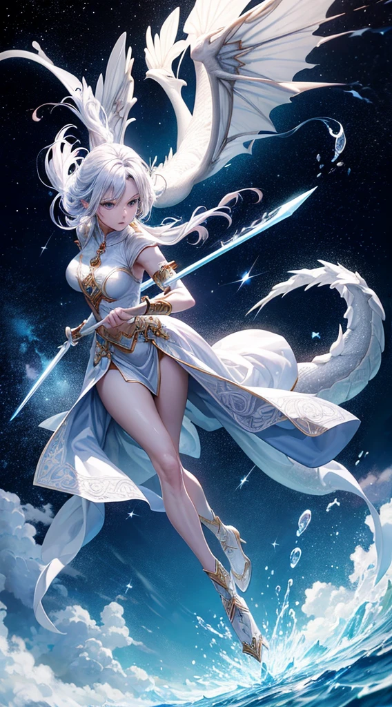 A mystical beautiful woman with a staff are running towards a mystical magic sword and a white dragon made of water and clouds is running towards the sword in space