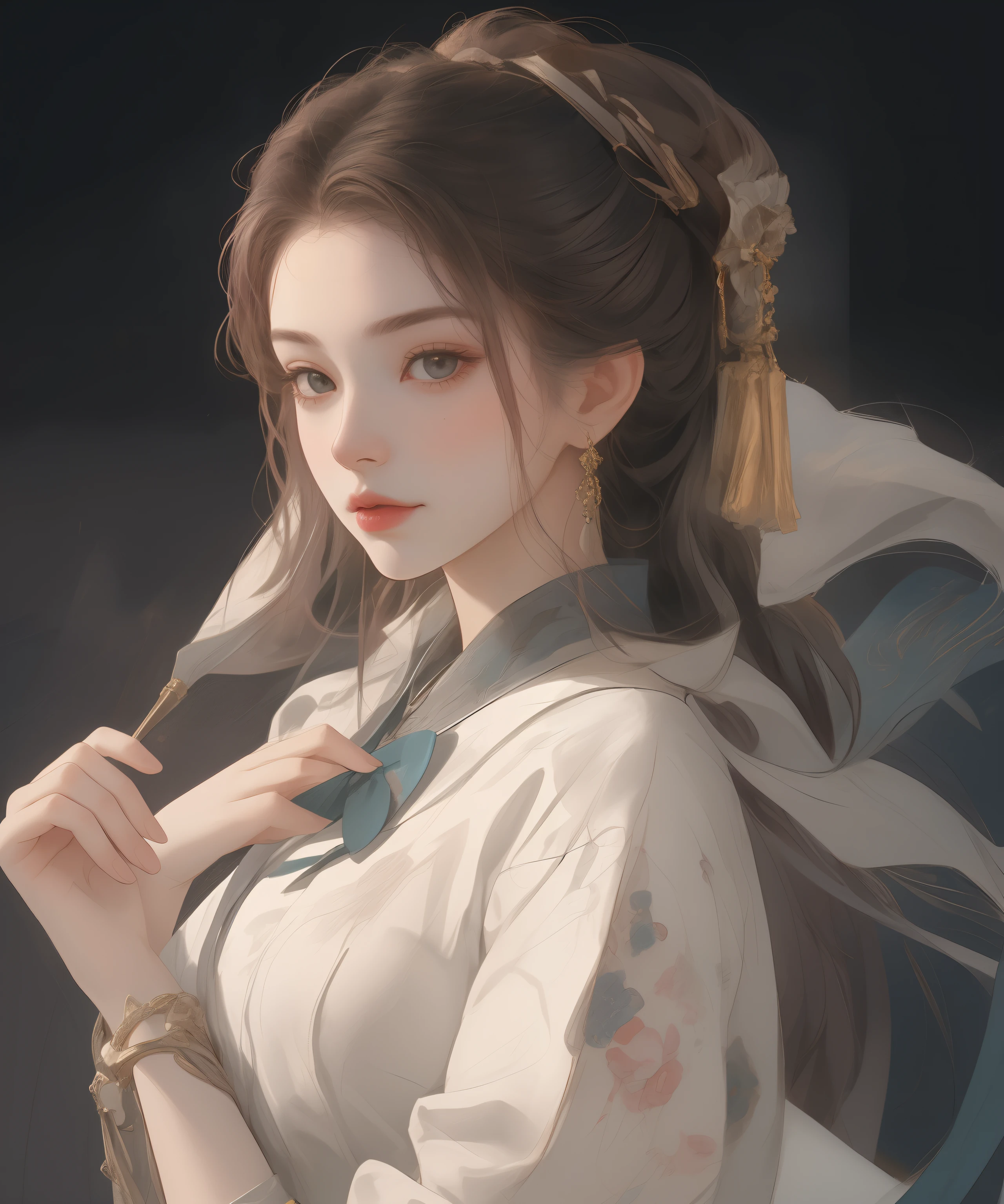 Best quality at best、tmasterpiece、A high resolution、1 flat-chested girl、Flat slim body、flatchest、Porcelain turtleneck dress、Delicate hair accessorieine Necklace、detailed jewelry、Nice face、Physical、dingdall effect、realistically、shadow studio、edge lit、bicolor lighting、（highdetailskin：1.2）、（flatchest，Small under the chest）、8K, hyper HD、Digital SLR、Soft lighting、high high quality、volumettic light、sneak shot、photore、A high resolution、4K、8K、The background  blurred，