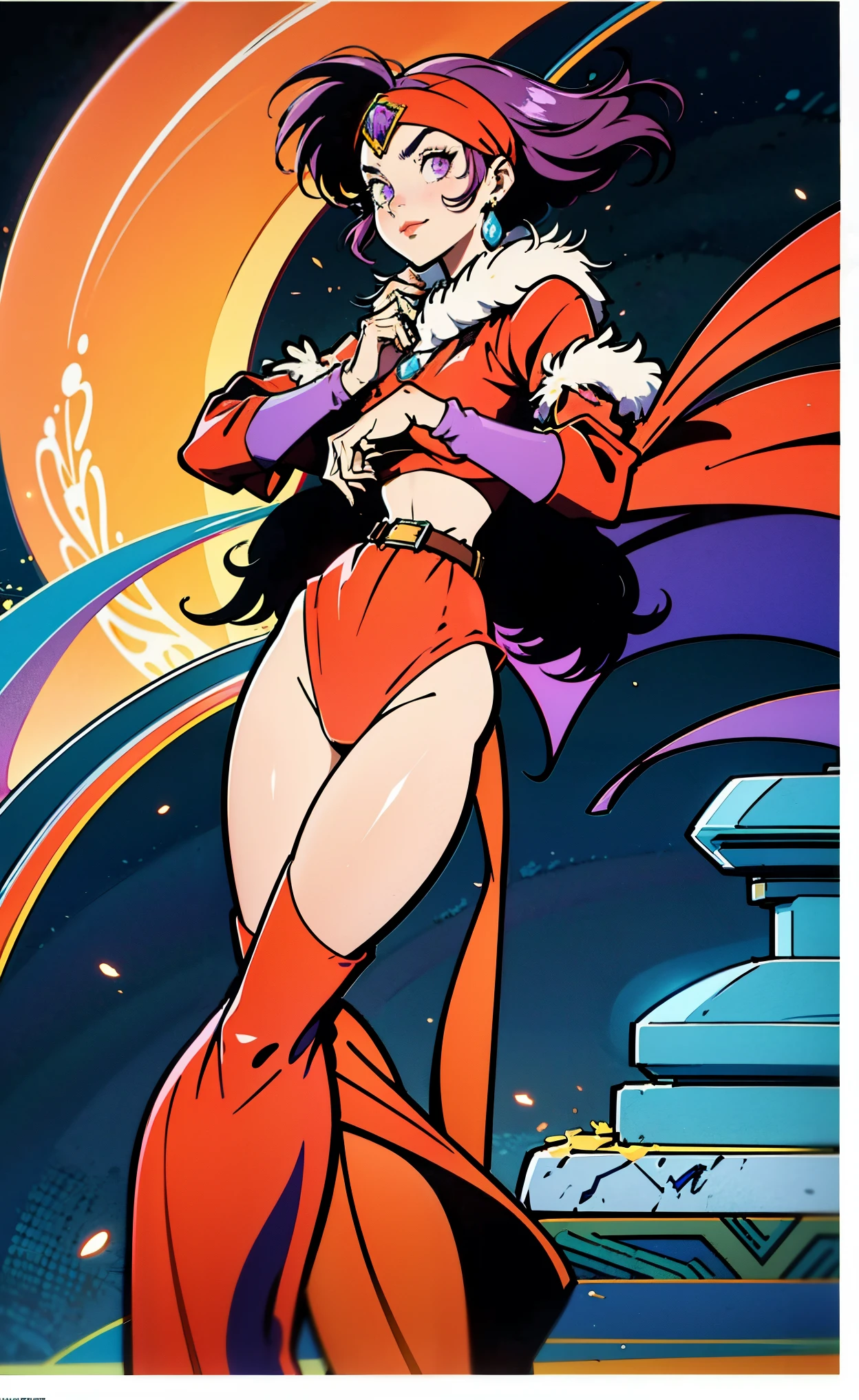 A beautiful woman, short purple hair, long bangs covering her left eye, a headband on her forehead, an exquisite and charming face, a mysterious gaze, a faint smile, draped over her shoulders a thick fur scarf connected to sleeves made of the same fur, a fantasy-style bikini outfit, showcases her delicate and alluring figure, a fur belt around her waist, the background features a cracked giant stone in the wilderness emitting an eerie glow, this character embodies a finely crafted fantasy-style female villain in anime style, exquisite and mature manga art style, perfect body, perfect nose, goddess, femminine, high definition, best quality, highres, ultra-detailed, ultra-fine painting, extremely delicate, professional, anatomically correct, symmetrical face, extremely detailed eyes and face, high quality eyes, creativity, RAW photo, UHD, 8k, Natural light, cinematic lighting, masterpiece-anatomy-perfect, masterpiece:1.5