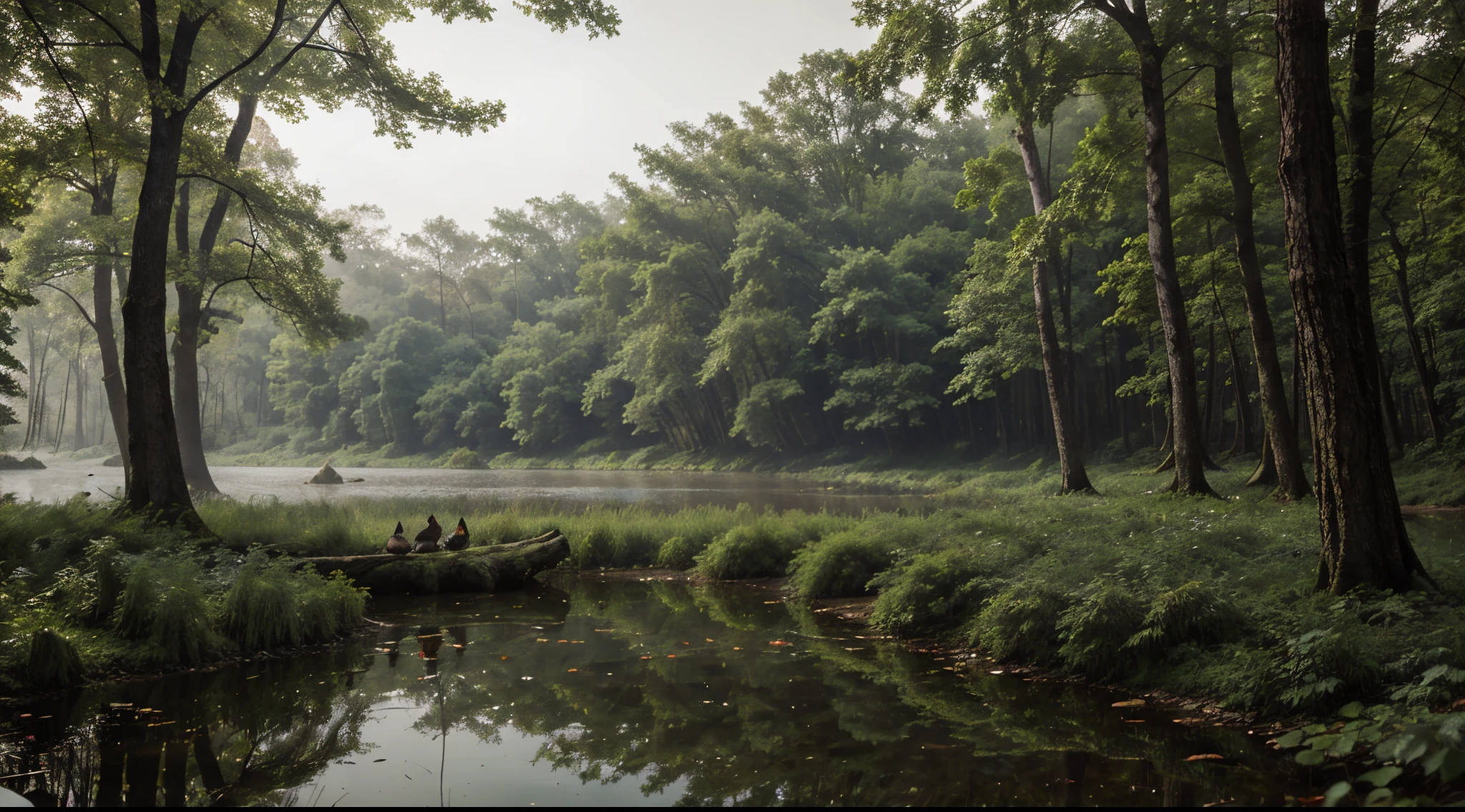 Fantasy forest, foggy, canopy over a small lake with turtles sitting on logs