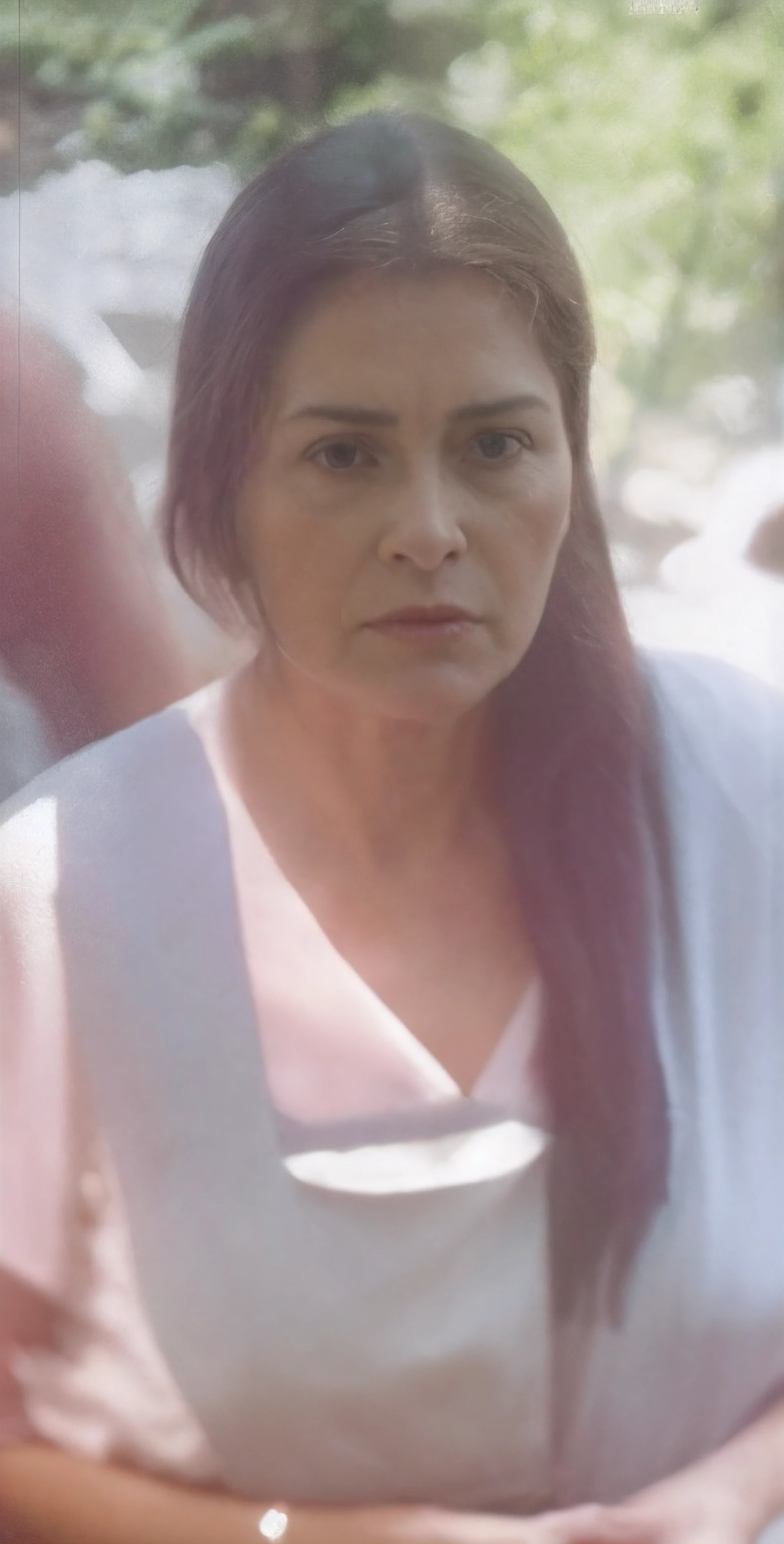 There's a 60-year-old woman, 60 anos, com cabelo comprido sentada em um banco, filme retrato em close-up ainda, Foto de uma mulher, a still of an ethereal, high resolution film still, she's facing the camera, filme granulado ainda, filme promocional ainda, imagem promocional do filme, ainda do filme, filme granulado ainda, ainda do filme, fotografado em filme colorido