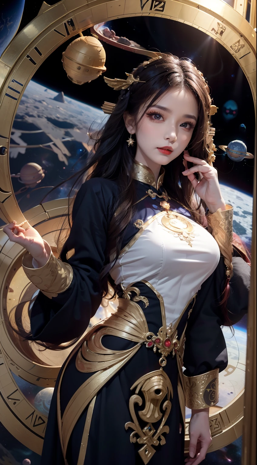 1 goddess of the zodiac from the future, wear the ao dai of the goddess of the zodiac to cover her chest, the goddess of the zodiac wears a bright yellow gold bodice, the goddess radiates a bright pink purple zodiac aura, the stars have the shape of the 12 zodiac signs, the goddess of the zodiac wearing a golden zodiac ao dai with many black details, the mythical goddess of the 12 zodiacs from the future, Zodiac sign ♏, zodiac style, dark and mystic version, Plump boobs, Red lips are balanced and very beautiful, character by karol bak and pino daeni, intricate details, detailed background, many object of background, extra highly detailed, magic lighting, a woman, clearly drawn face, beautiful face and symmetry eyes, big round eyes and very beautiful and detailed makeup, distant focus, silk clothing, mystic adornment, upper body portrait, arms loose, Realistic and vivid photo, (stars that make up the zodiac: 1.7), (zodiac sky background and fantasy portal of space and time: 1.8 ), fiction art, RAW images, style fantasy hanfu, long sleeves that cover 2 hands, 2 outstretched arms,