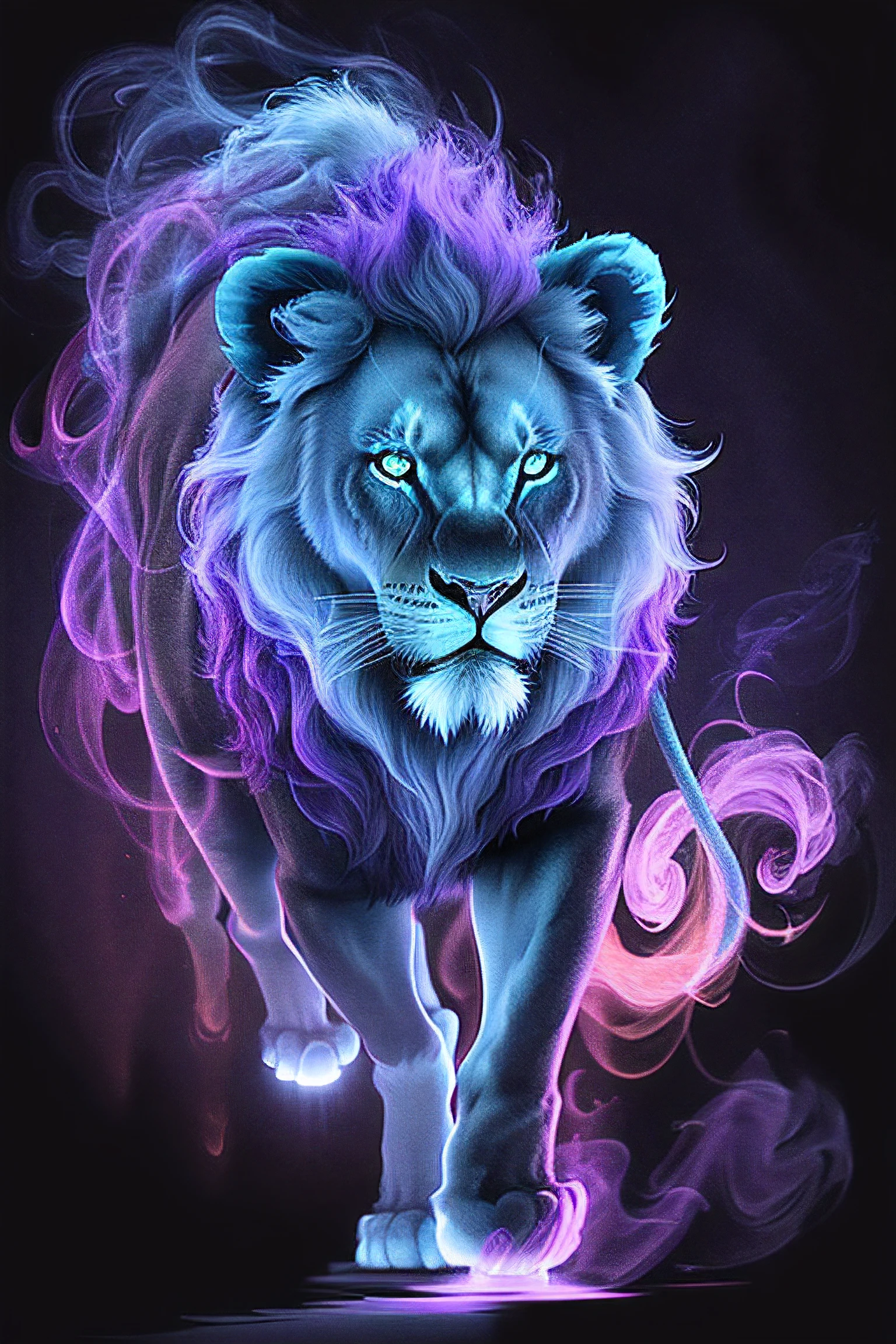 bioluminescent lion made of orange|crimson|purple smoke dark blue|Lilac background