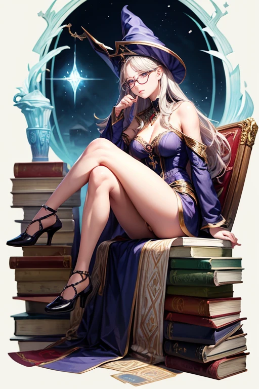 beautiful Russian sorceress, with glasses on, wide cheekbones, wearing a pointed hat, with bare legs, beautiful shoes, bare-shouldered, sitting on big books, foto realista,