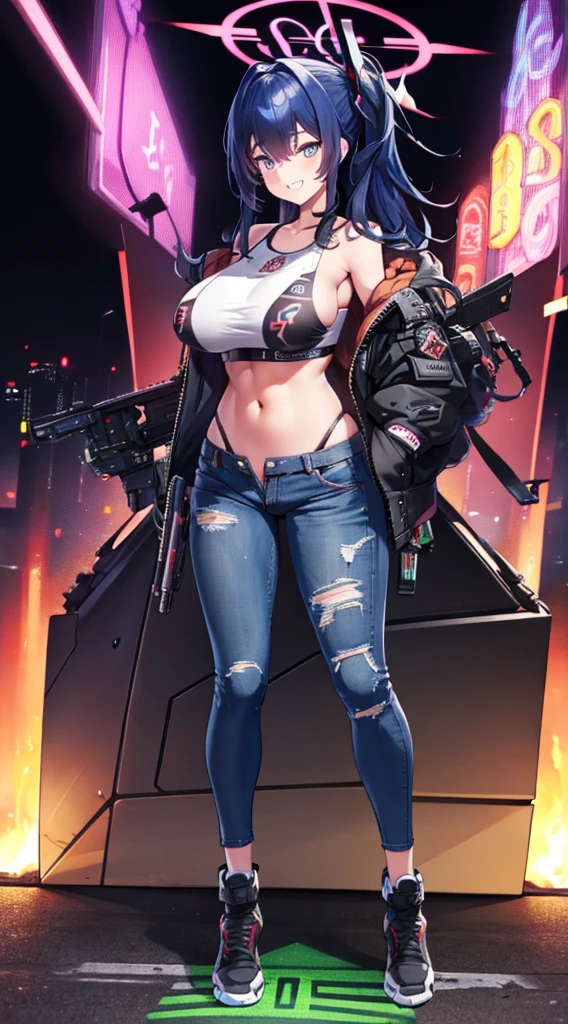 masutepiece,in 8K,High quality,Fine detail,super precision,1girl in(crazed smile),Big Assault Rifle,tits out,bomber jacket,Tank Tops,shortpants(Jeans fabric),in fighting,Build a night city(cyberpunked),dazzling neon light,