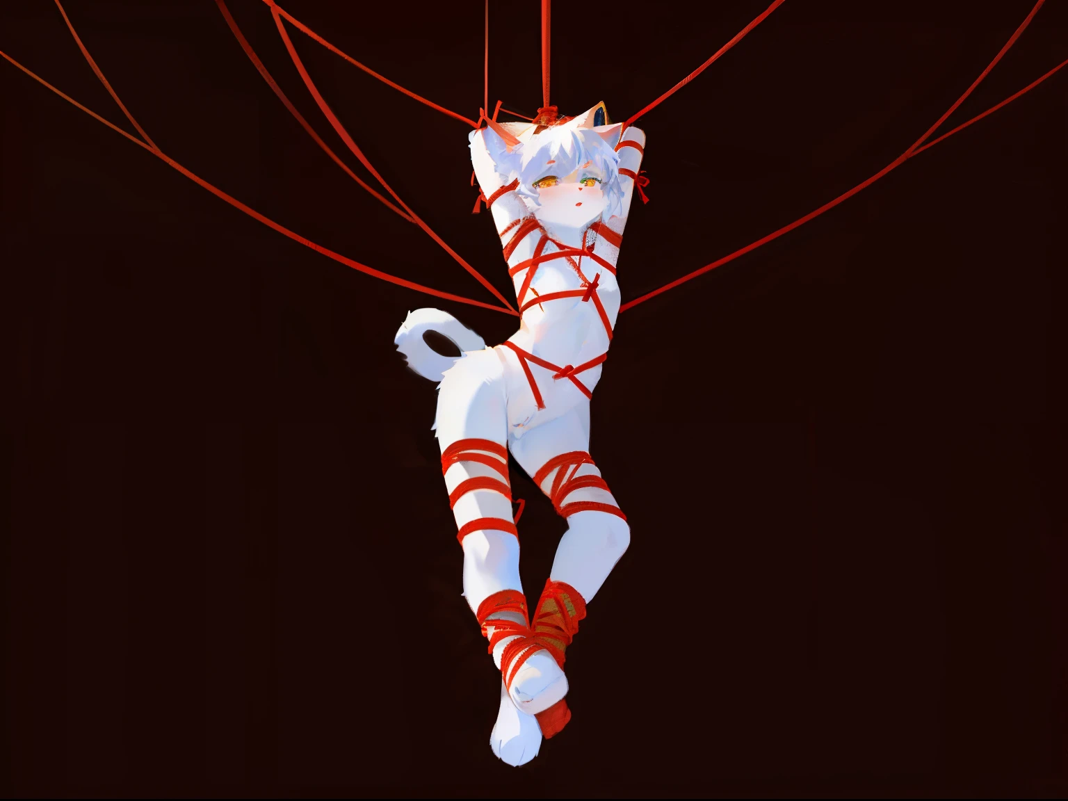 a white cat'S's limbs were entangled with red ropes!,A cat tangled in a red rope,That cat'S's limbs were tightly wrapped in red rope!!!