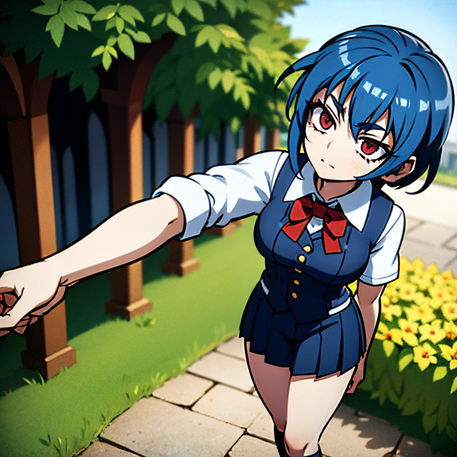 girl with blue hair, green locks, red eyes, short hair, student uniform, in a garden, standing, school in the background of the scene, detailed location, easy positive, masterpiece, 4k, good anatomy,