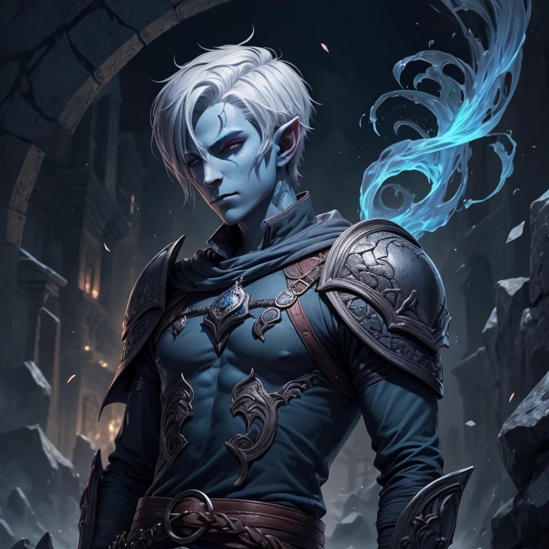 Dnd character, tiefling boy, emo, hot, clean shaven, short hair, grayish blue skin