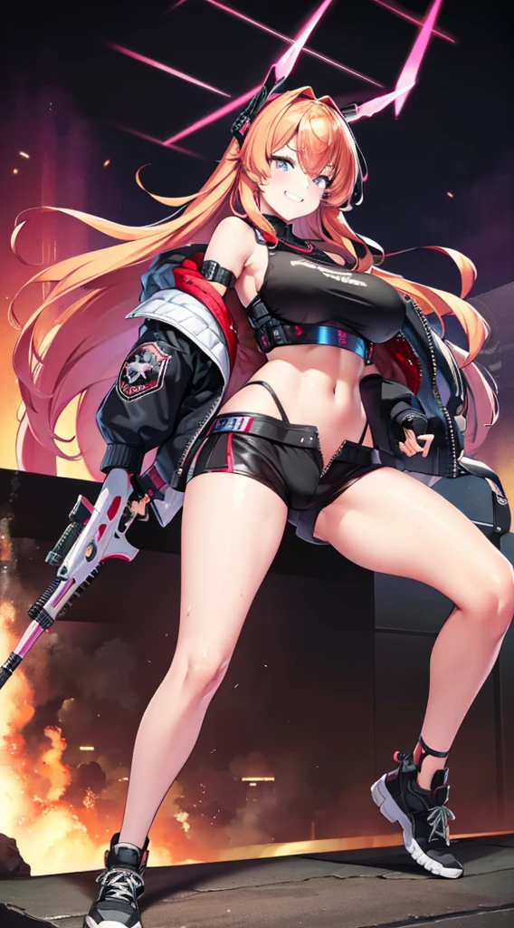 masutepiece,in 8K,High quality,Fine detail,super precision,1girl in(crazed smile),Big Assault Rifle,tits out,bomber jacket,Tank Tops,hotpants,in fighting,Build a night city(cyberpunked),dazzling neon light,