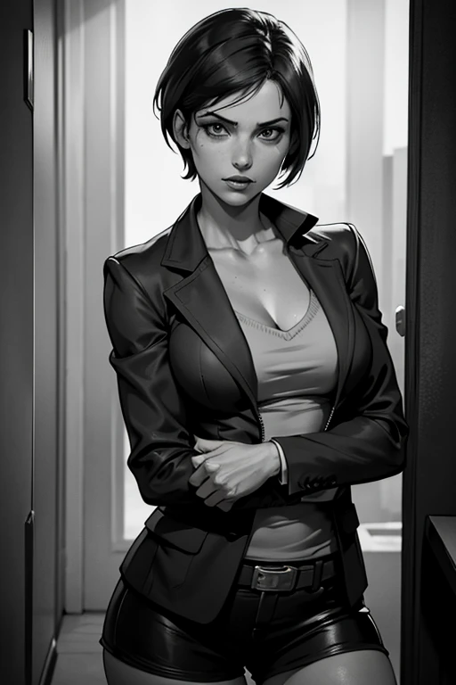 Best quality,Masterpiece,1girl,jill valentine re3,short hair, in the blazer,greyscale