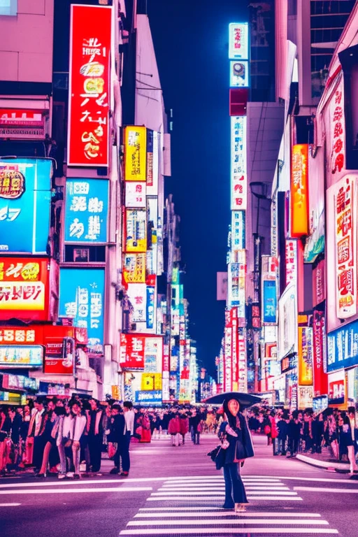 A girl standing on a bustling street in Tokyo in the 80's, vibrant and full of youth, dressed in a fashionable outfit with colorful patterns. She has long flowing hair and her eyes are beautifully detailed, with a hint of curiosity and excitement. The streets are lined with neon lights and vibrant advertisements, adding a dynamic atmosphere to the scene. The buildings showcase a mix of traditional Japanese architecture and modern skyscrapers, creating a unique juxtaposition. The city is alive with energy, with people bustling around and cars zooming by. The overall image is of high quality (best quality, 4k, highres, realistic:1.2), capturing the essence of the bustling cityscape. The color palette is vibrant and saturated, with a touch of retro vibe, reminiscent of the 80's era. The lighting is dynamic, with the neon lights illuminating the streets and casting colorful reflections on the pavement.