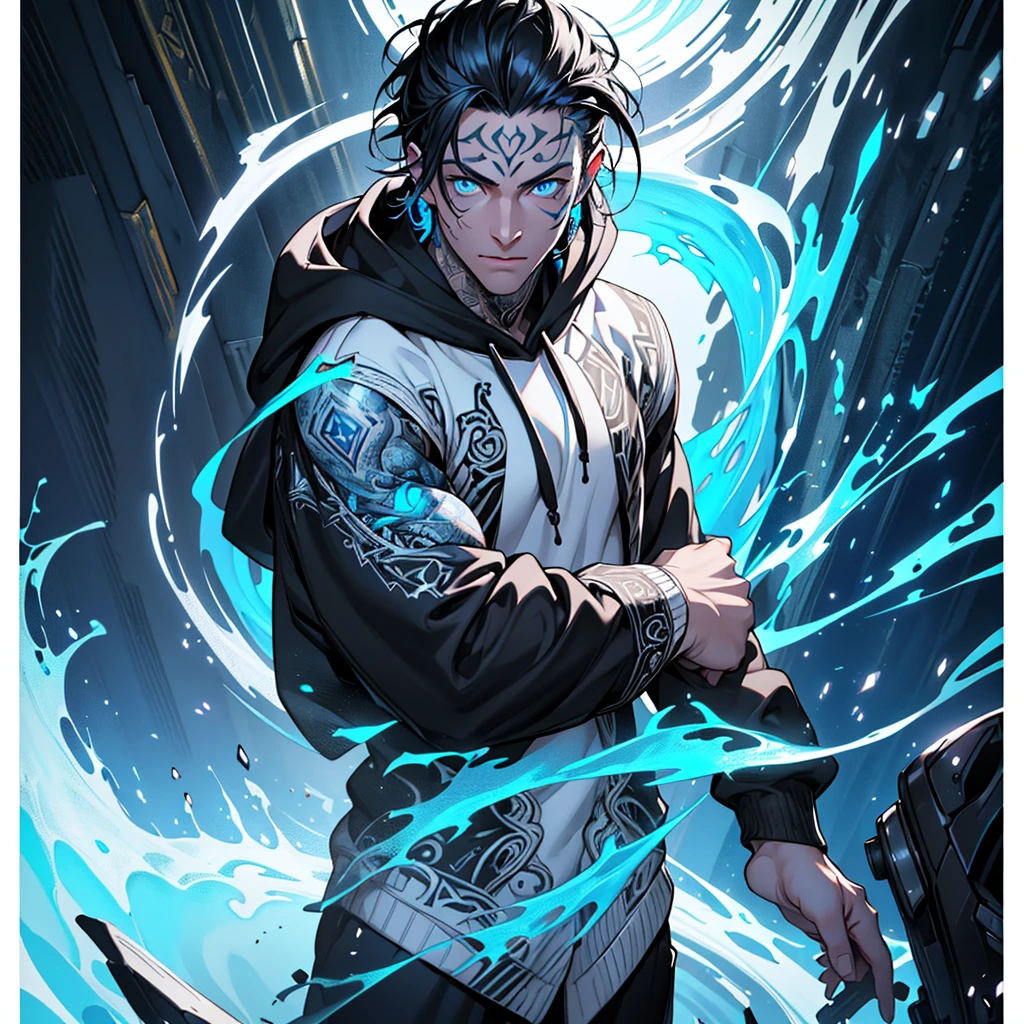 8k, complex, elegant, highly detailed, majestic, digital photography, surrealist painting, beating magic, (masterpiece, side light, fine beautiful blue eyes: 1.2), HDR, (glowing blue eyes)), (glowing tattoo), handsome boy, black hair, skinny, black skin, handsome, facing the camera, masterpiece, (white hoodie with black patterns)