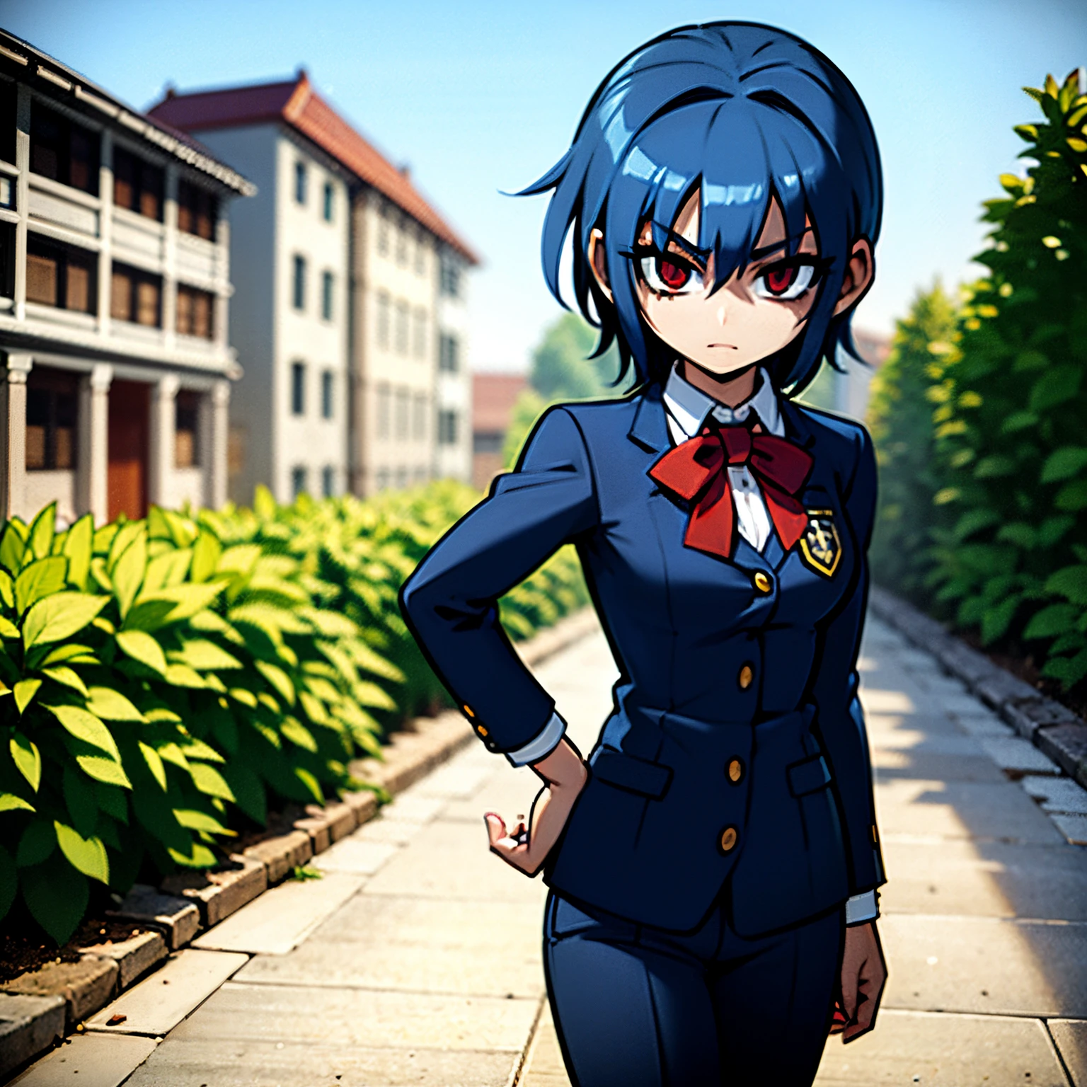 girl with blue hair, green locks, red eyes, short hair, student uniform, in a garden, standing, school in the background of the scene, detailed location, easy positive, masterpiece, 4k, good anatomy,