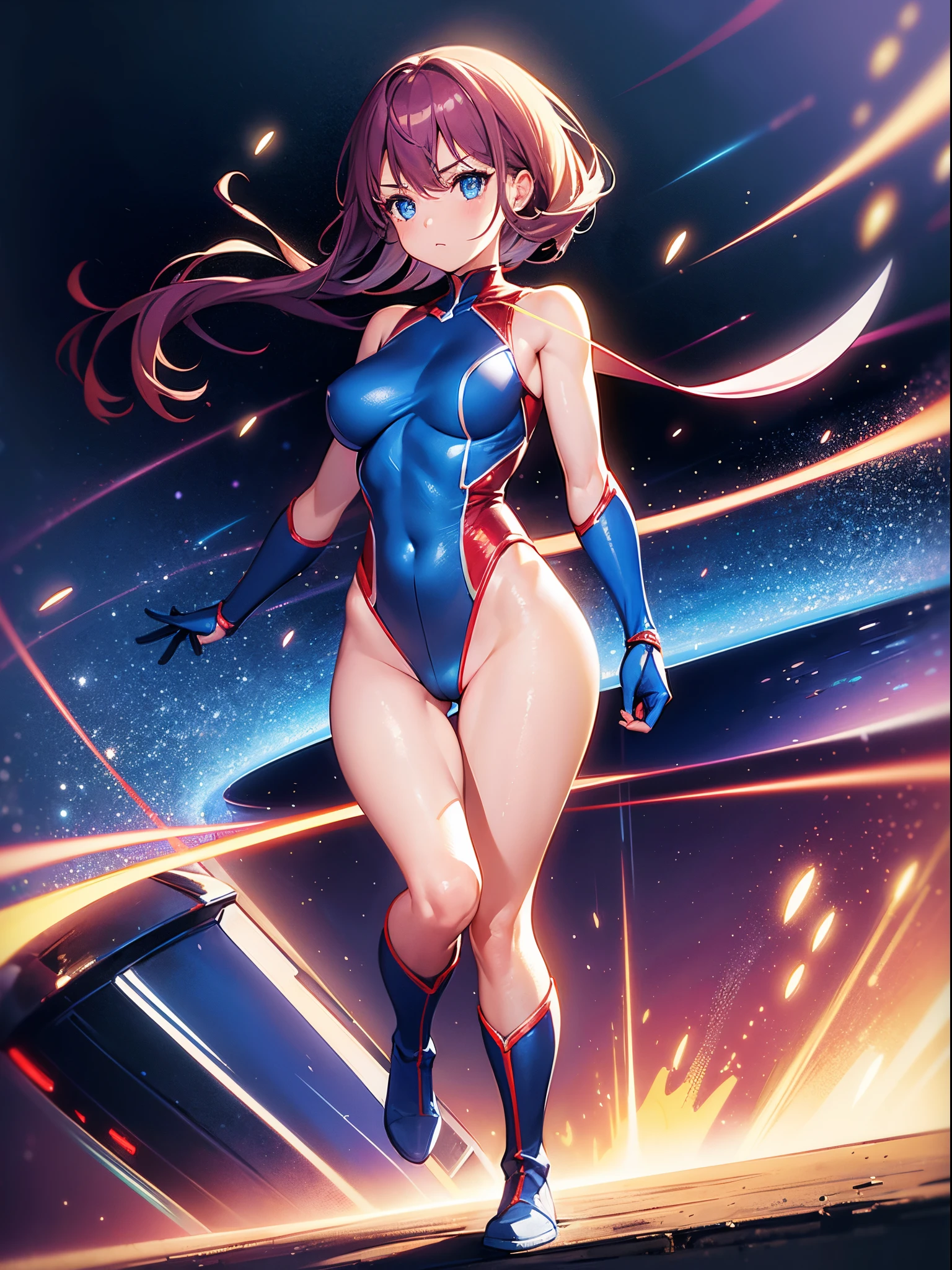 1girl, superhero, leotard, blue and red leotard, bare legs, boots, gloves, medium breasts, beautiful detailed eyes, glowing body, light surrounding her body, light particles, space backdrop, standing pose, floating, cowboy shot, full body shot, superpower, perfect anatomy.