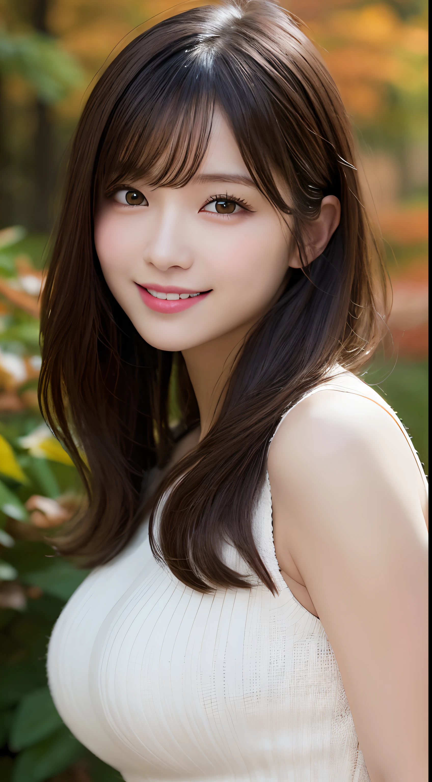 masutepiece, Best Quality, Illustration, Ultra-detailed, finely detail, hight resolution, 8K Wallpaper, Perfect dynamic composition, Beautiful detailed eyes, Women's Fashion Autumn,Medium Hair,small tits,Natural Color Lip, Bold sexy poses,Smile,Harajuku、20 years girl、Cute、Sexy shot looking at camera