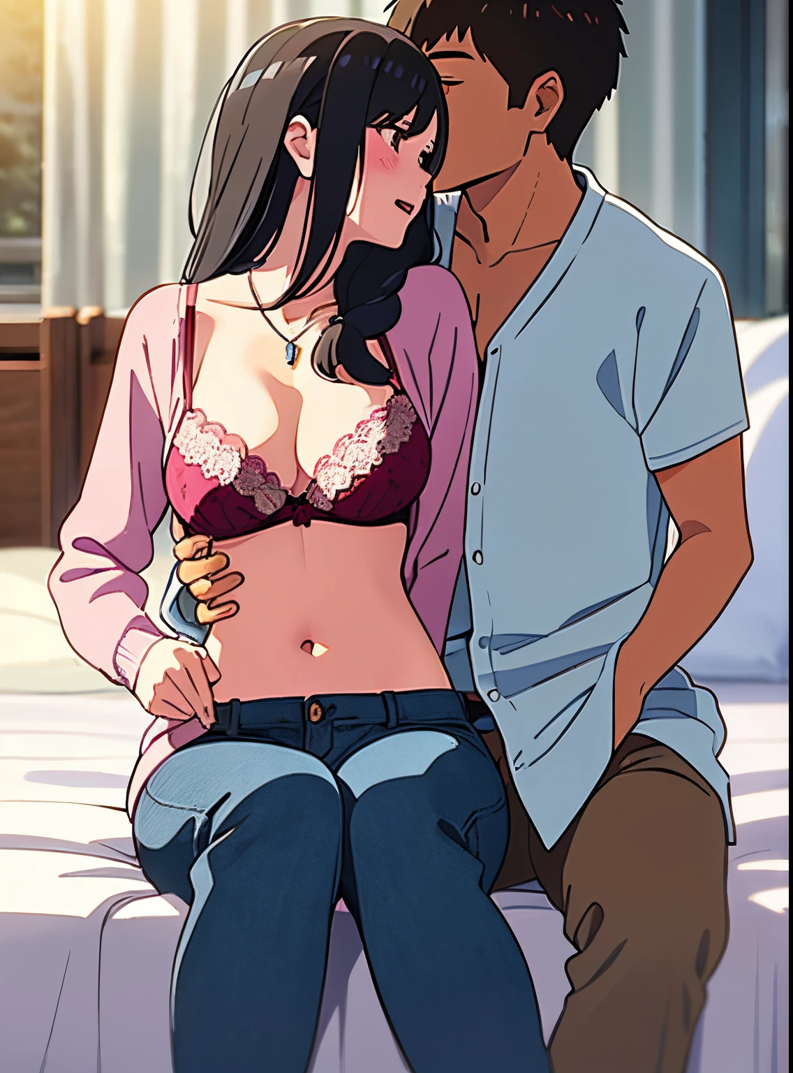 1middle age man, wrinkle face, black hair,bangs swept to the right side, Middle aged man behind girl, touching chest, breatsgrope from behind, grab, grabbing chest,chestgrab behind back, removing bra, hold bra, hug back, hugging, neck kiss, 1girl, black hair, waterfall braid, red ribbon, long hair, brown eyes, blue star necklace, light cardigan pink, open shirt, yellow shirt open shifrt, navel, white bra, white pants, cute, open mouth, full body, long sleeves, cowboy shot, masterpiece, on a dating, blushing, bedroom, night, sit on bed