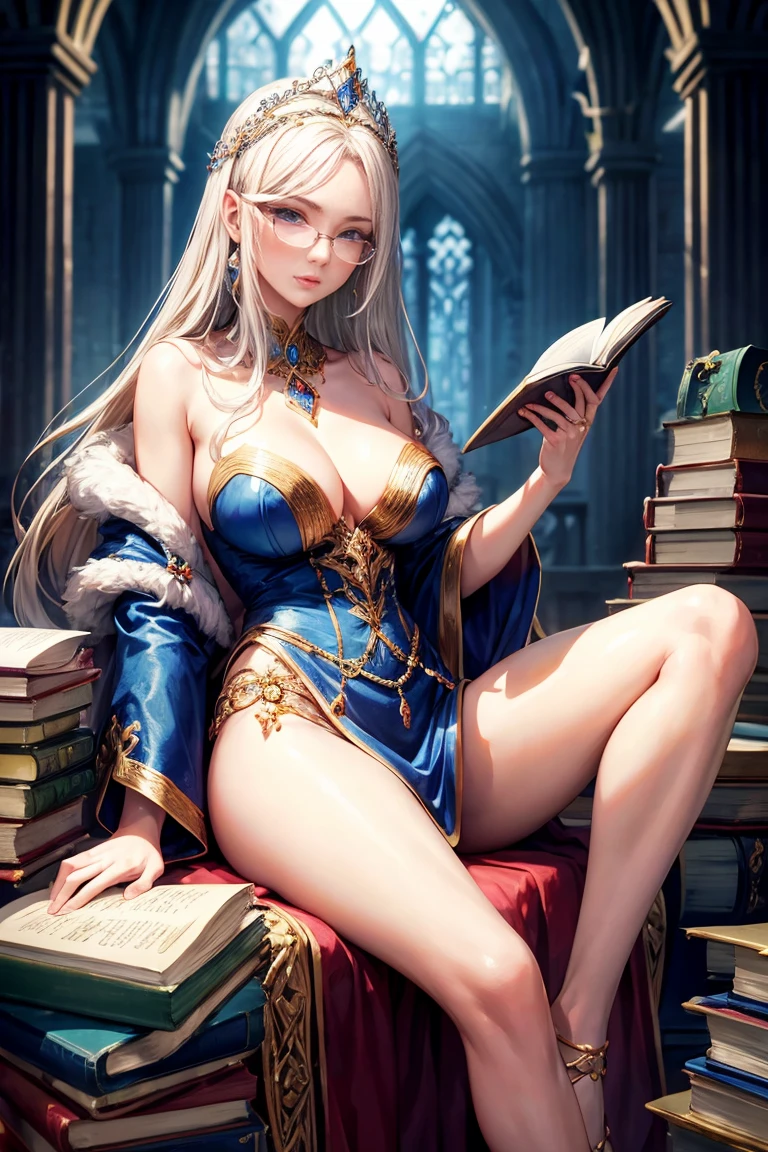 beautiful Russian adult sorceress, with glasses on, wide cheekbones, tiara with magic stone, with bare legs, beautiful shoes, bare-shouldered, sitting on big books, foto realista, digital photography.