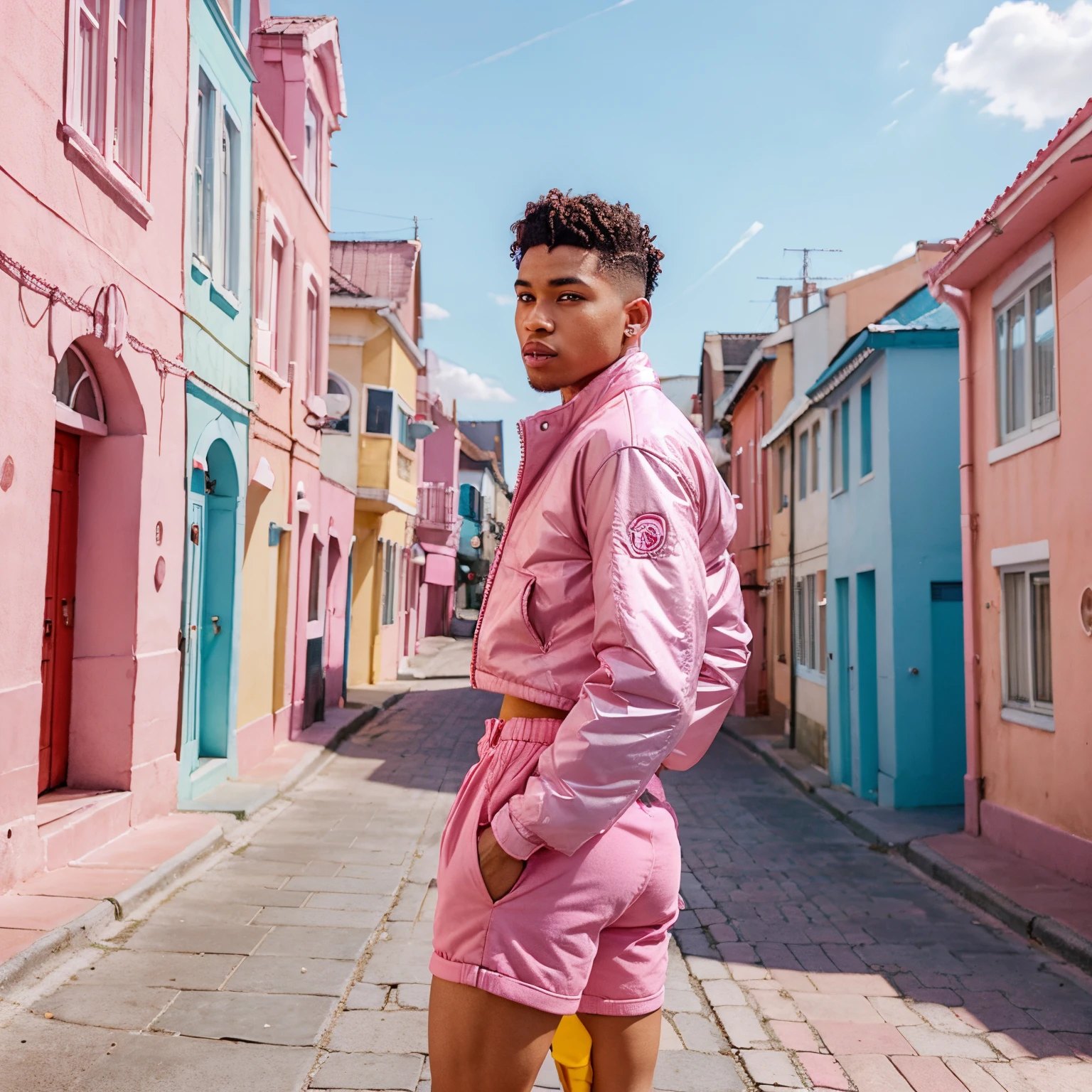 cartoon lightskin boy with lowcut waves hairstyle wearing a pink puffer coat and denim booty shorts . in a pink city with pink buildings a pink sky and pink streets