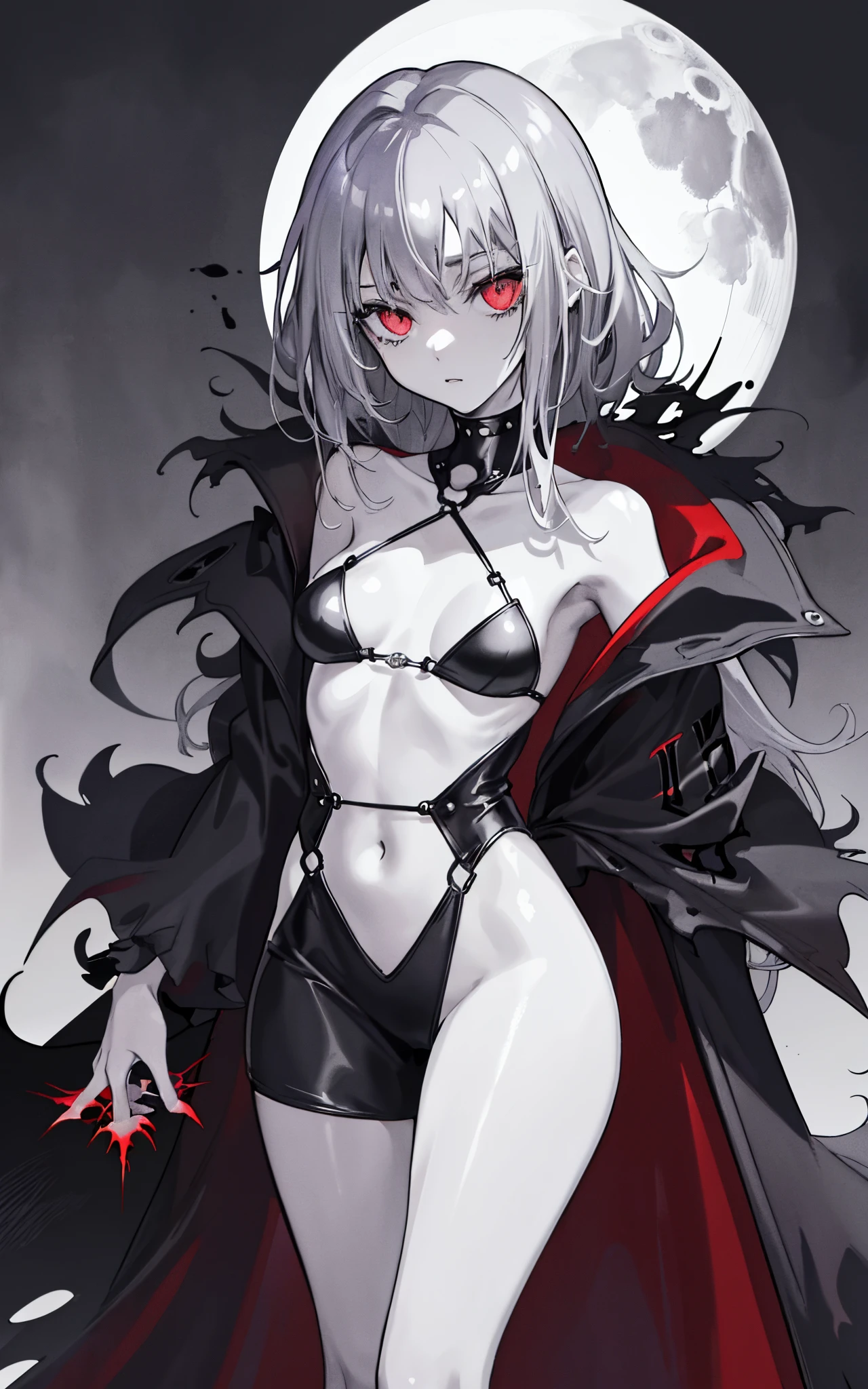 ((tmasterpiece:1.4, Best quality))+, (ultra - detailed)+,(Ultra-detailed eyes)+,
(Cute 1girl),15year old,(Scarlet eyes:1.15),silber hair, Very long hair,messy hair,(wariza:1.2),Vampires,pale-skinned,shut up,sad,
(She wearing a gray robe:1.5),(flatchest:1.2),(baggy dress:1.4),(Violet clothes:1.2),(Skinny:1.4),
(be desperate:1.3),Gothic,
(haggard:1.3),leafs,(Vine tree:1.1),
(Bloody moon:1.2),red colour,
(Heavy monochrome:1.16),(depth of fields:1.4),