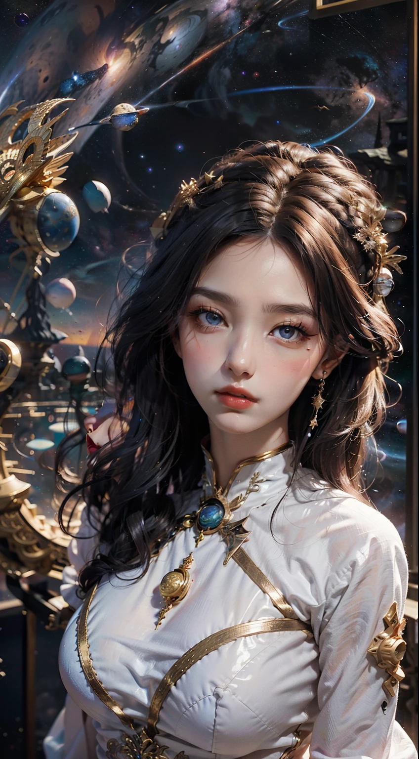 1 goddess of the zodiac from the future, wear the ao dai of the goddess of the zodiac to cover her chest, the goddess of the zodiac wears a bright yellow gold bodice, the goddess radiates a bright pink purple zodiac aura, the stars have the shape of the 12 zodiac signs, the goddess of the zodiac wearing a golden zodiac ao dai with many black details, the mythical goddess of the 12 zodiacs from the future, Zodiac sign ♏, zodiac style, dark and mystic version, Plump boobs, Red lips are balanced and very beautiful, character by karol bak and pino daeni, intricate details, detailed background, many object of background, extra highly detailed, magic lighting, a woman, clearly drawn face, beautiful face and symmetry eyes, big round eyes and very beautiful and detailed makeup, distant focus, silk clothing, mystic adornment, upper body portrait, arms loose, Realistic and vivid photo, (stars that make up the zodiac: 1.7), (zodiac sky background and fantasy portal of space and time: 1.8 ), fiction art, RAW images, style fantasy hanfu, long sleeves that cover 2 hands, 2 outstretched arms,