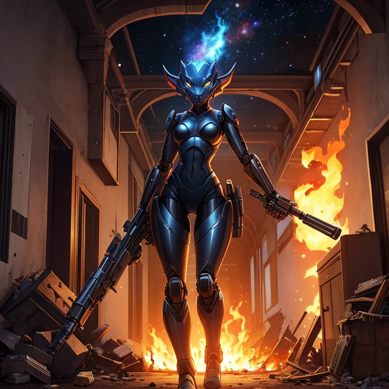 female, furry, metallic, robotic, anthro, blue ,slender appealing body, black, kobold, short, small breasts, thin body, hallway, corridor, entry way, standing, legs spread, curved thighs, holding blaster gun, fire, burning, destruction, war, , science fiction, galaxy, stars, high quality, masterpiece,