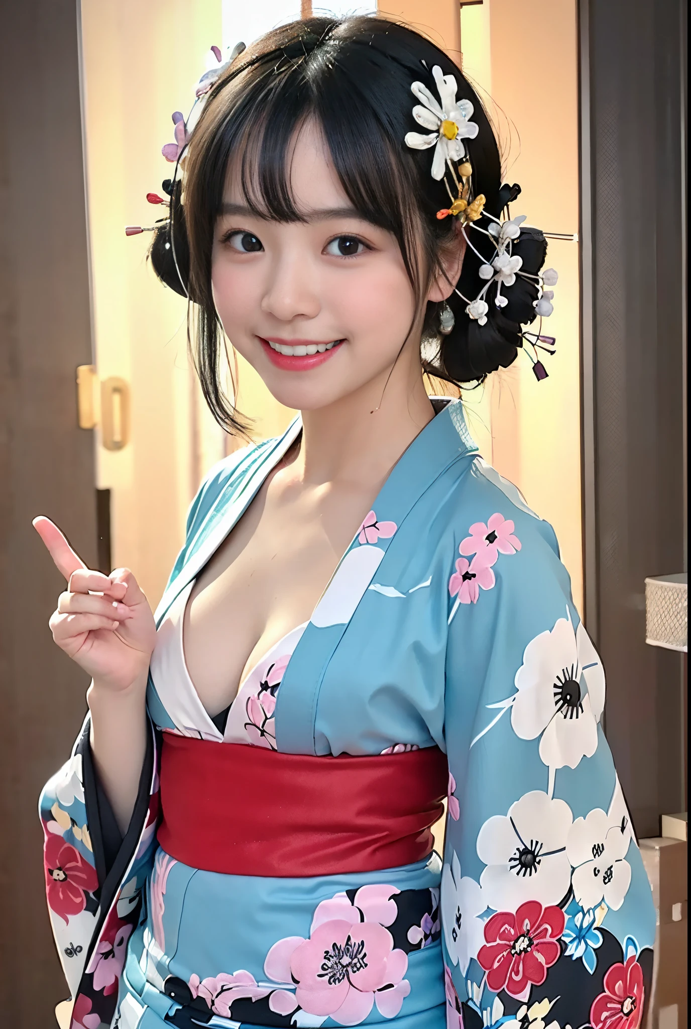 a closeup, ​masterpiece, top-quality, FULL ANATOMY、Raw foto, Photorealsitic、(Cute little face:1.6)、(Very cute smile:1.7)、(Looking at the camera)、(with round face:1.9)、(Kimono:1.7)、(Black eyes、A dark-haired:1.8), depth of fields, hight resolution, ultra-detailliert, finely detail, ighly detailed, extremely detailed eye and face, Realistic person,(Realistic background:1.9), (accurate hands、accurate fingers:1.5), foco nítido, Cinematic lighting、18-year-old woman、、(Only one person、without background:2)、 (short-cut:1.4)、Very detailed 8k wallpaper、Show me your whole body、Looking at the camera、Angle from below、(Thigh close-up、large full breasts:1.6)、(Nice figure、Clothes with emphasized chest bulge、big breasts thin waist)、Background depth of field