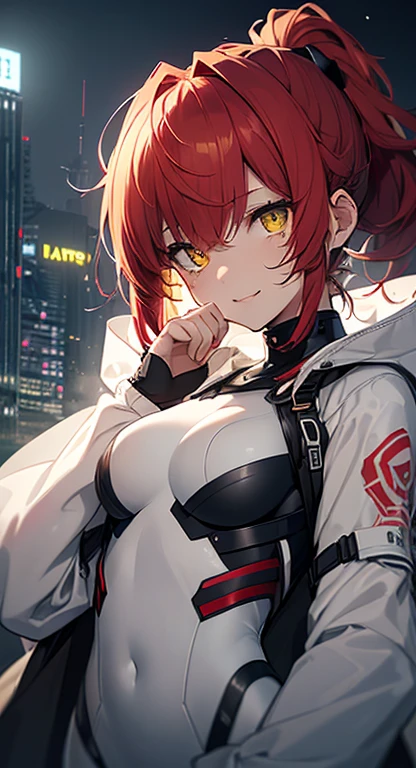 top-quality、Top image quality、in 8K,4K,masterpiece, ultra-detailliert、Beautiful、ultra-quality、-like、Cool、girl with(((18year old、White Rubber Suit 1:3、medium tits、red hair、a ponytail , yellowEyes、erotick:1.4、Happiness、The tattoo)))、front、Raise your hands up:1.3、hiquality、visualart、Background with((nightcity:1.2))、masutepiece