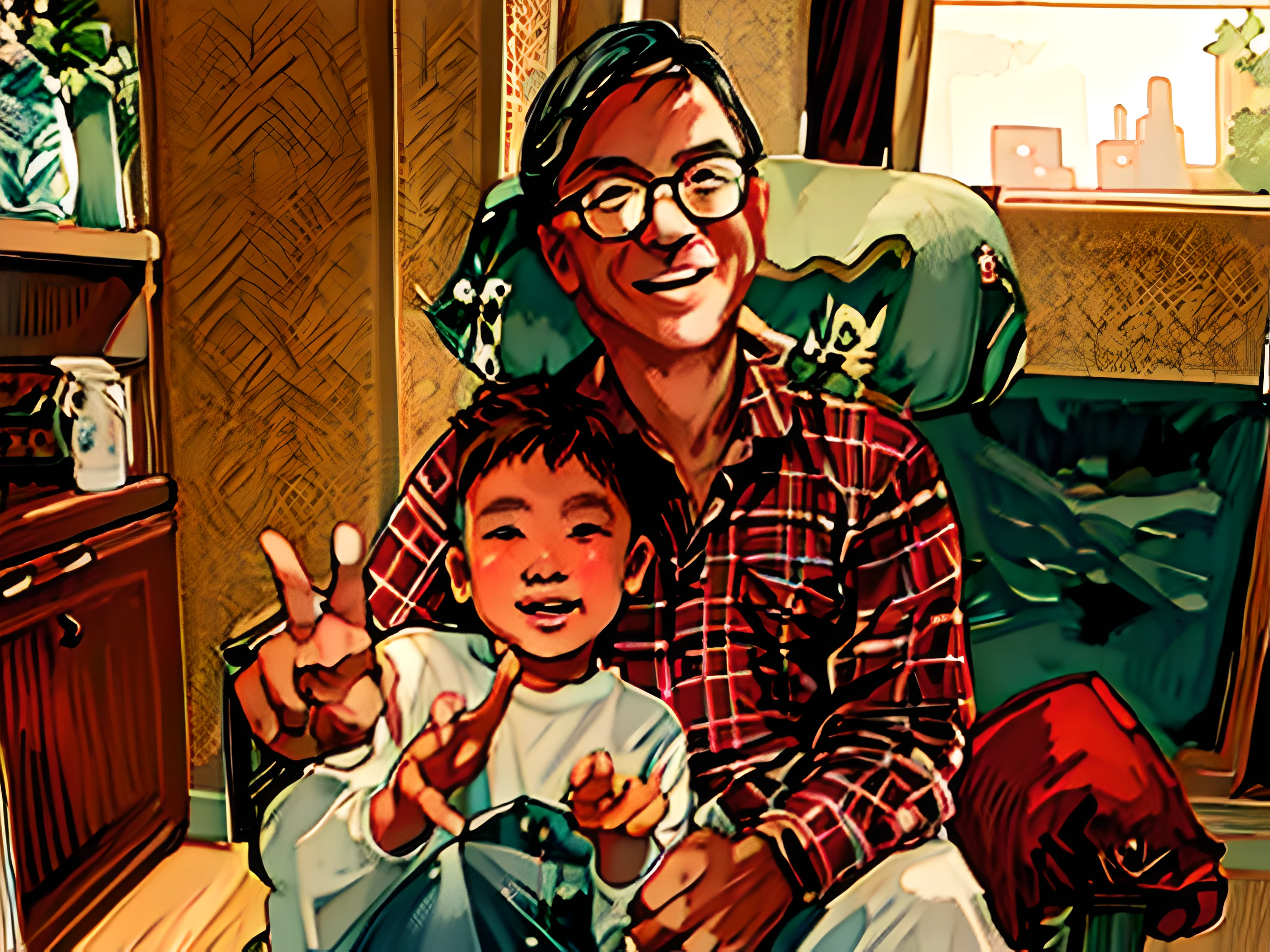 A 55-year-old man and a 5-year-old boy sit on chairs, grandparent, ssmile, Indoors