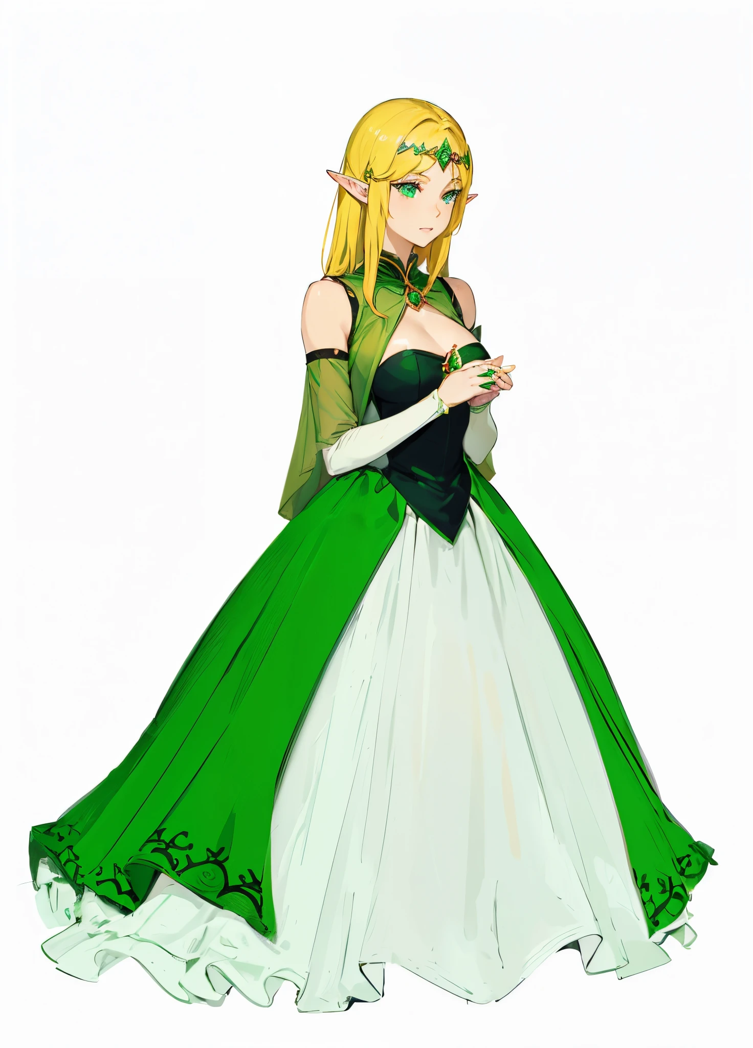 Anime woman wearing green gown, elf girl, elf princess, an elf queen, elf queen, a blonde emerald warrior, elven princess, blonde - haired princess, beautiful and elegant elf queen, portrait of an elf queen