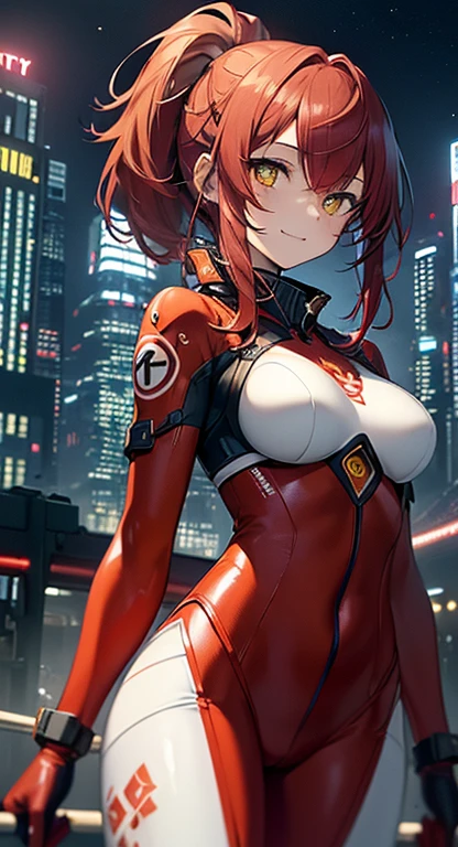 top-quality、Top image quality、in 8K,4K,masterpiece, ultra-detailliert、Beautiful、ultra-quality、-like、Cool、girl with(((18year old、red and white Rubber Suit 1:3、medium tits、red hair、a ponytail , yellowEyes、erotick:1.4、Happiness、The tattoo)))、front、angle from below, hiquality、visualart、Background with((nightcity:1.2))、masutepiece