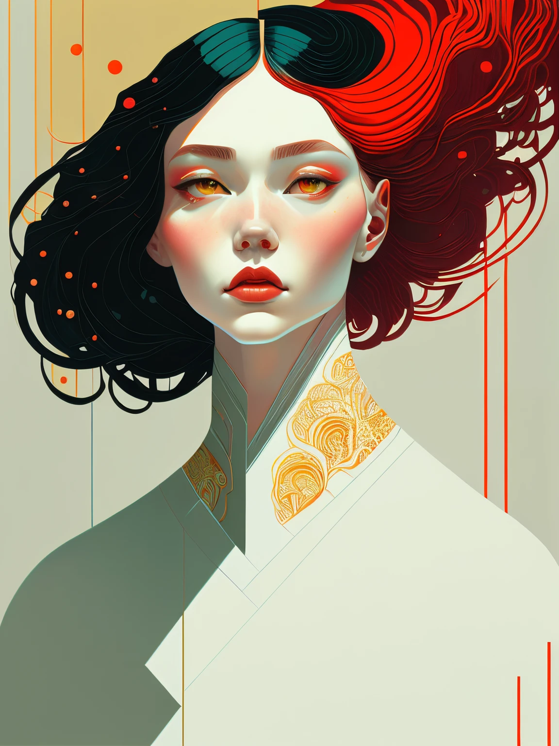 (masterpiece, 4k ,ultra detailed),illustration, (portrait:1.2), (minimalism:1.4), (clean:1.4), CCDDA Artstyle, james jean, 1 woman, minimalism, .